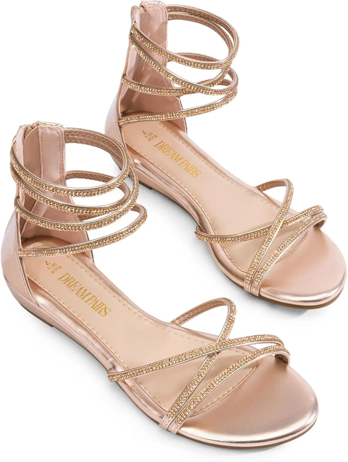 DREAM PAIRS Women's Ankle Strap Flat Sandals Summer Dressy Strappy Gladiator Rhinestones Sandals