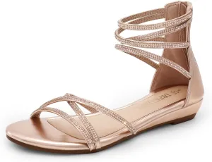 DREAM PAIRS Women's Ankle Strap Flat Sandals Summer Dressy Strappy Gladiator Rhinestones Sandals