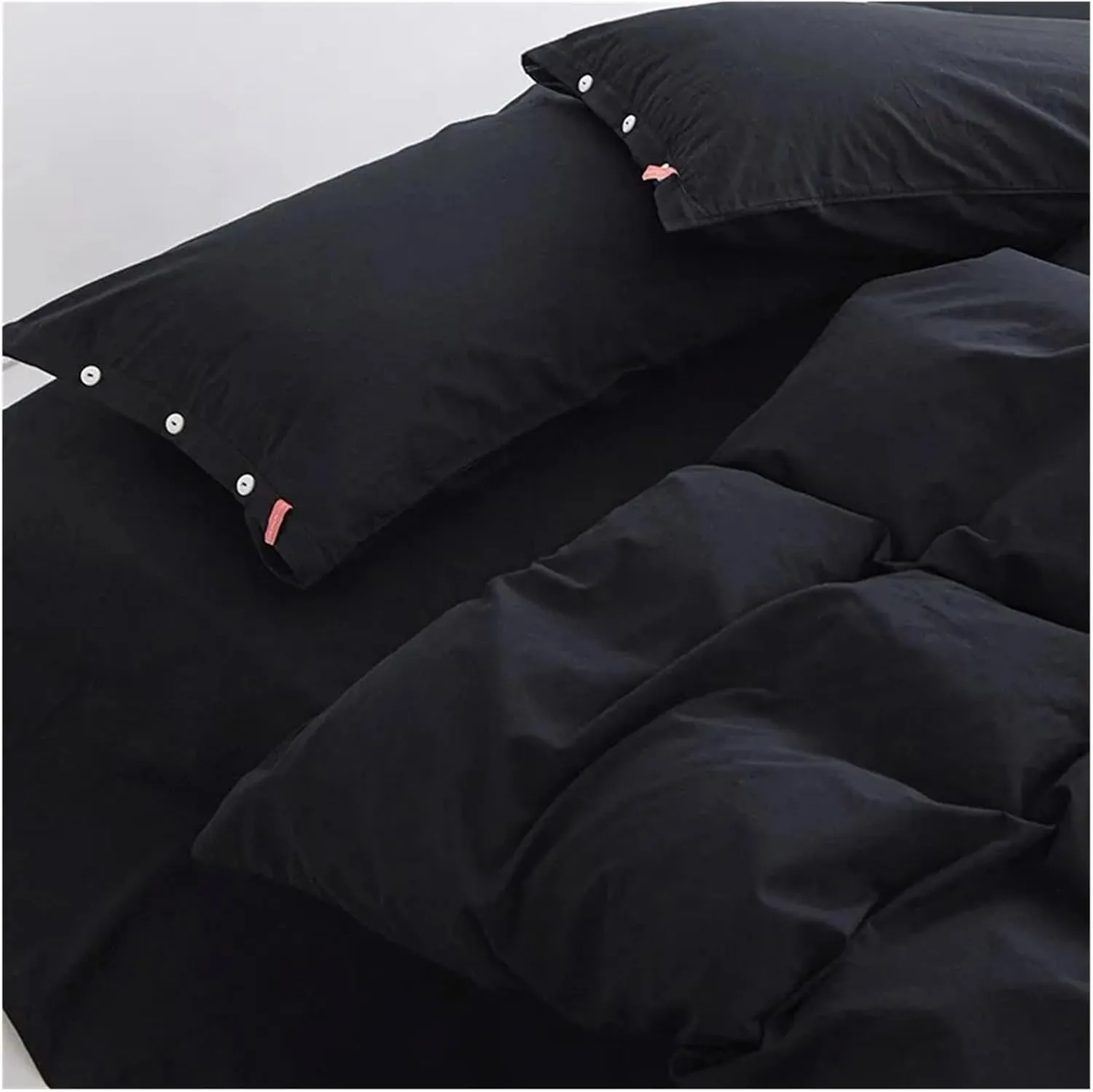 Duvet Cover Sets, 100% Washed Cotton Linen Feel Soft Comfy 4Pcs Bedding Set Solid Navy Black Button Closure Duvet Cover 1 Bed Sheet 2 Pillow Shams(B,Twin 4pcs)