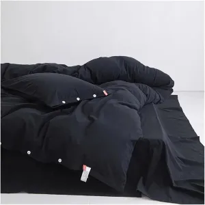 Duvet Cover Sets, 100% Washed Cotton Linen Feel Soft Comfy 4Pcs Bedding Set Solid Navy Black Button Closure Duvet Cover 1 Bed Sheet 2 Pillow Shams(B,Twin 4pcs)