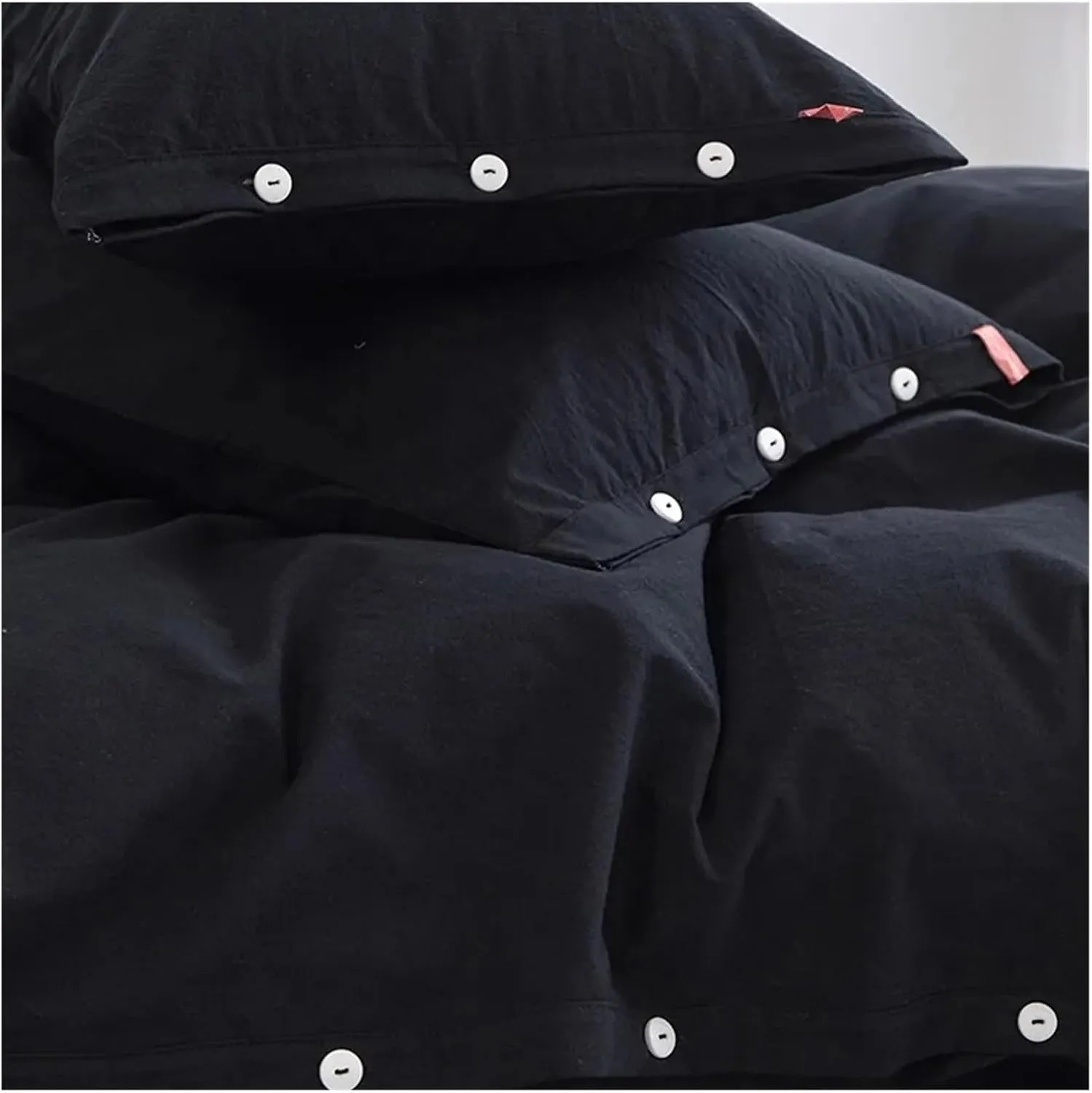 Duvet Cover Sets, 100% Washed Cotton Linen Feel Soft Comfy 4Pcs Bedding Set Solid Navy Black Button Closure Duvet Cover 1 Bed Sheet 2 Pillow Shams(B,Twin 4pcs)