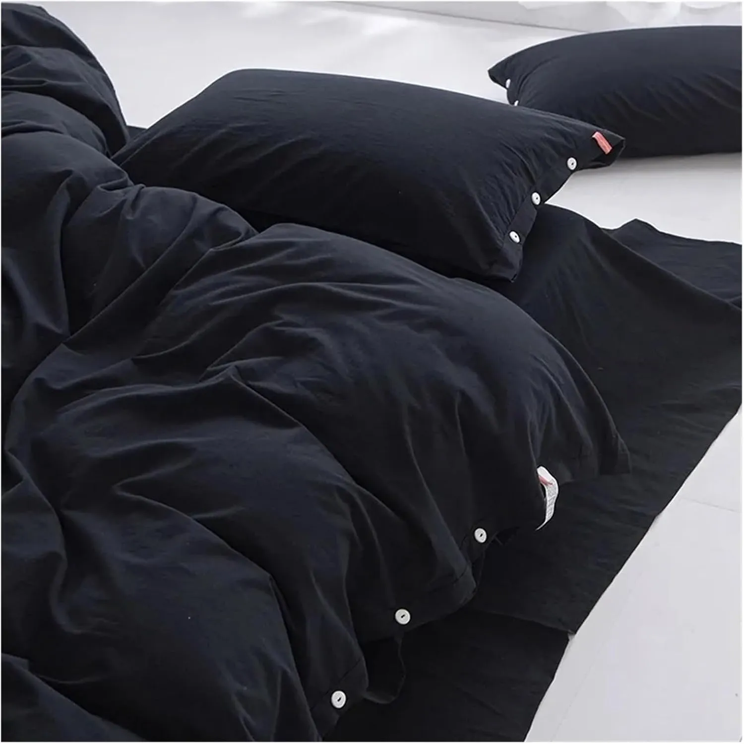 Duvet Cover Sets, 100% Washed Cotton Linen Feel Soft Comfy 4Pcs Bedding Set Solid Navy Black Button Closure Duvet Cover 1 Bed Sheet 2 Pillow Shams(B,Twin 4pcs)