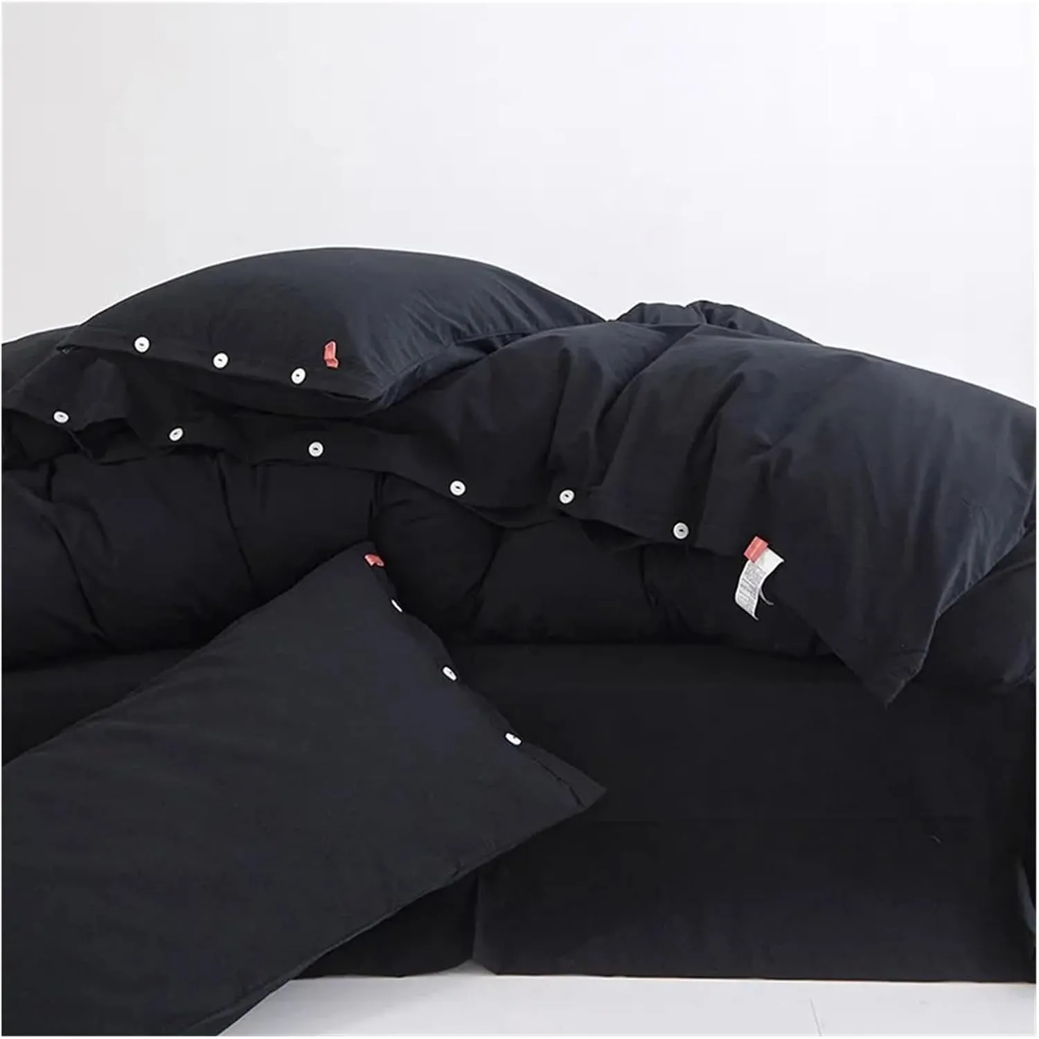 Duvet Cover Sets, 100% Washed Cotton Linen Feel Soft Comfy 4Pcs Bedding Set Solid Navy Black Button Closure Duvet Cover 1 Bed Sheet 2 Pillow Shams(B,Twin 4pcs)
