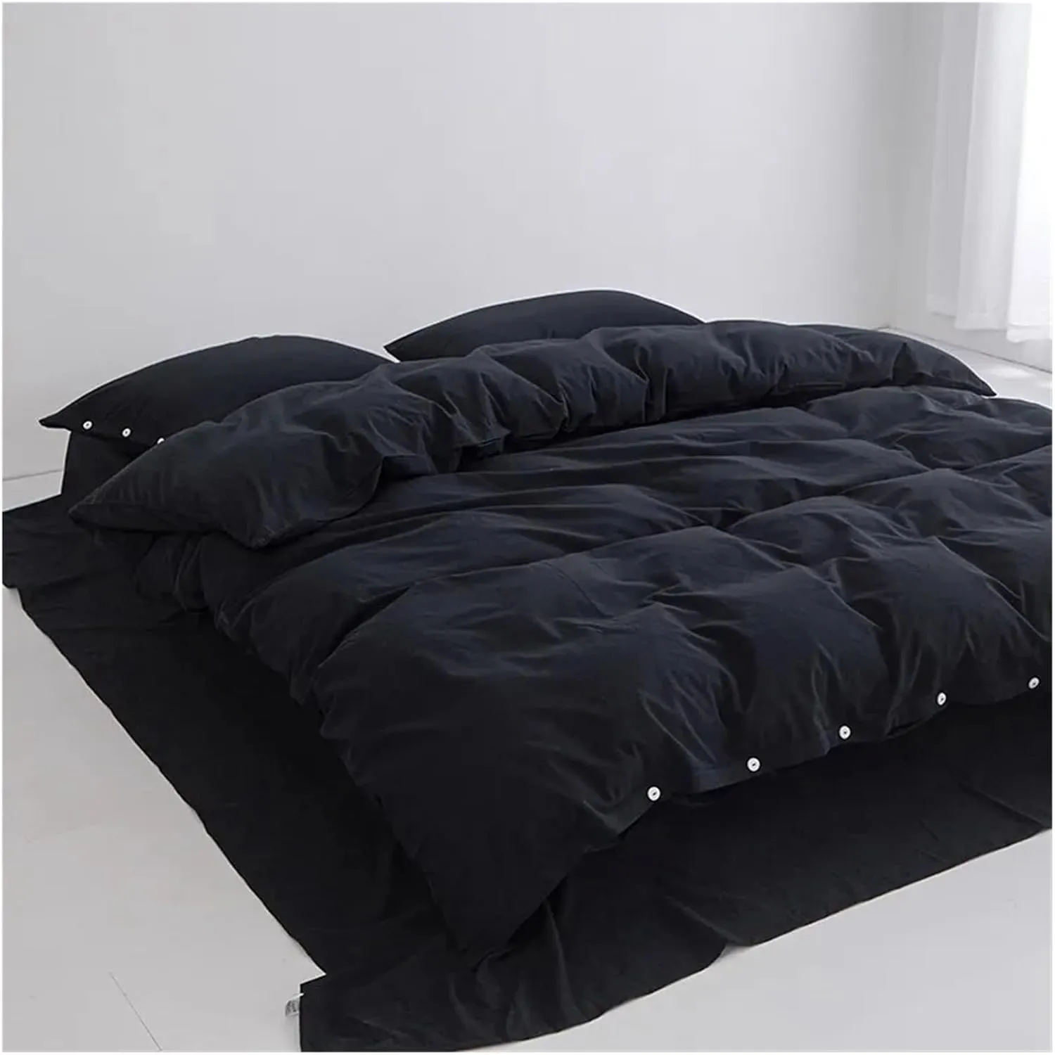 Duvet Cover Sets, 100% Washed Cotton Linen Feel Soft Comfy 4Pcs Bedding Set Solid Navy Black Button Closure Duvet Cover 1 Bed Sheet 2 Pillow Shams(B,Twin 4pcs)