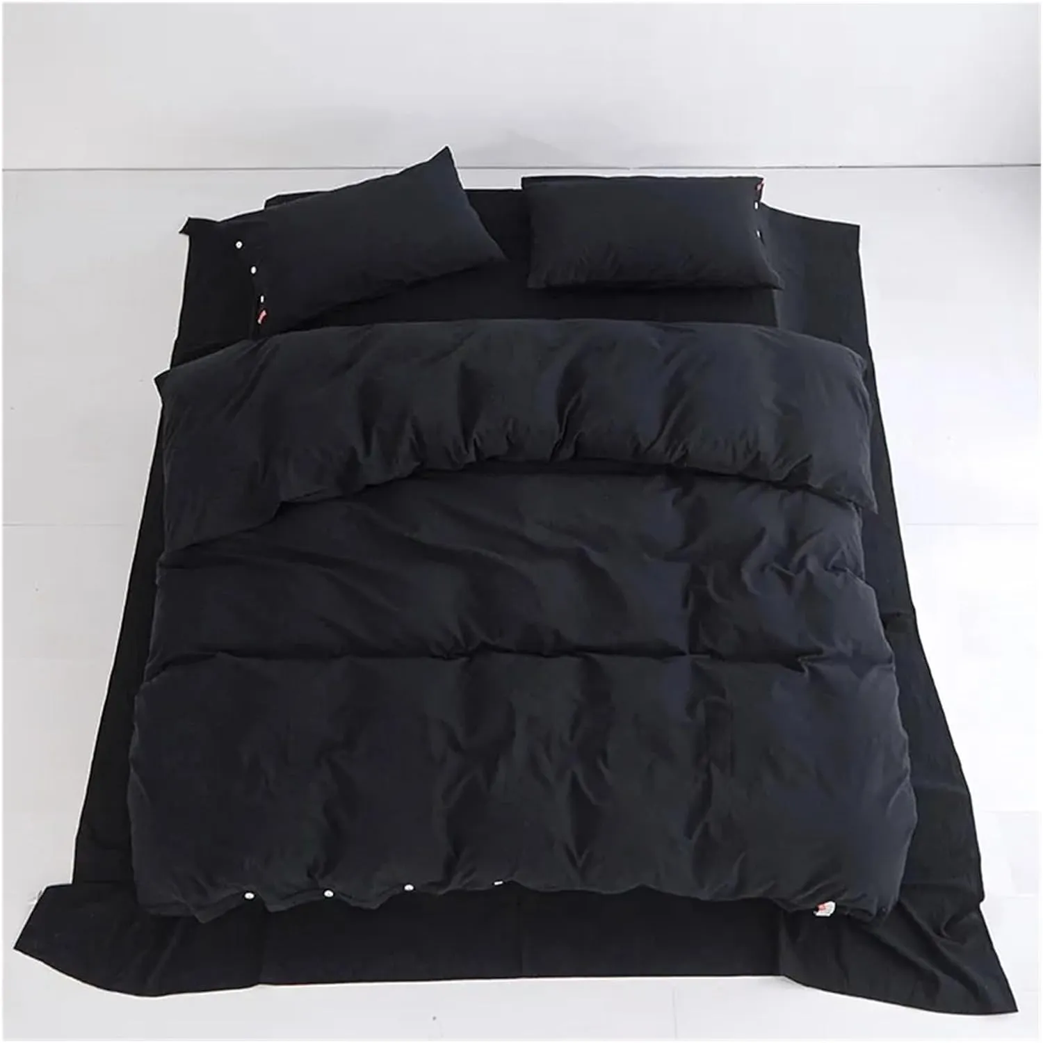 Duvet Cover Sets, 100% Washed Cotton Linen Feel Soft Comfy 4Pcs Bedding Set Solid Navy Black Button Closure Duvet Cover 1 Bed Sheet 2 Pillow Shams(B,Twin 4pcs)