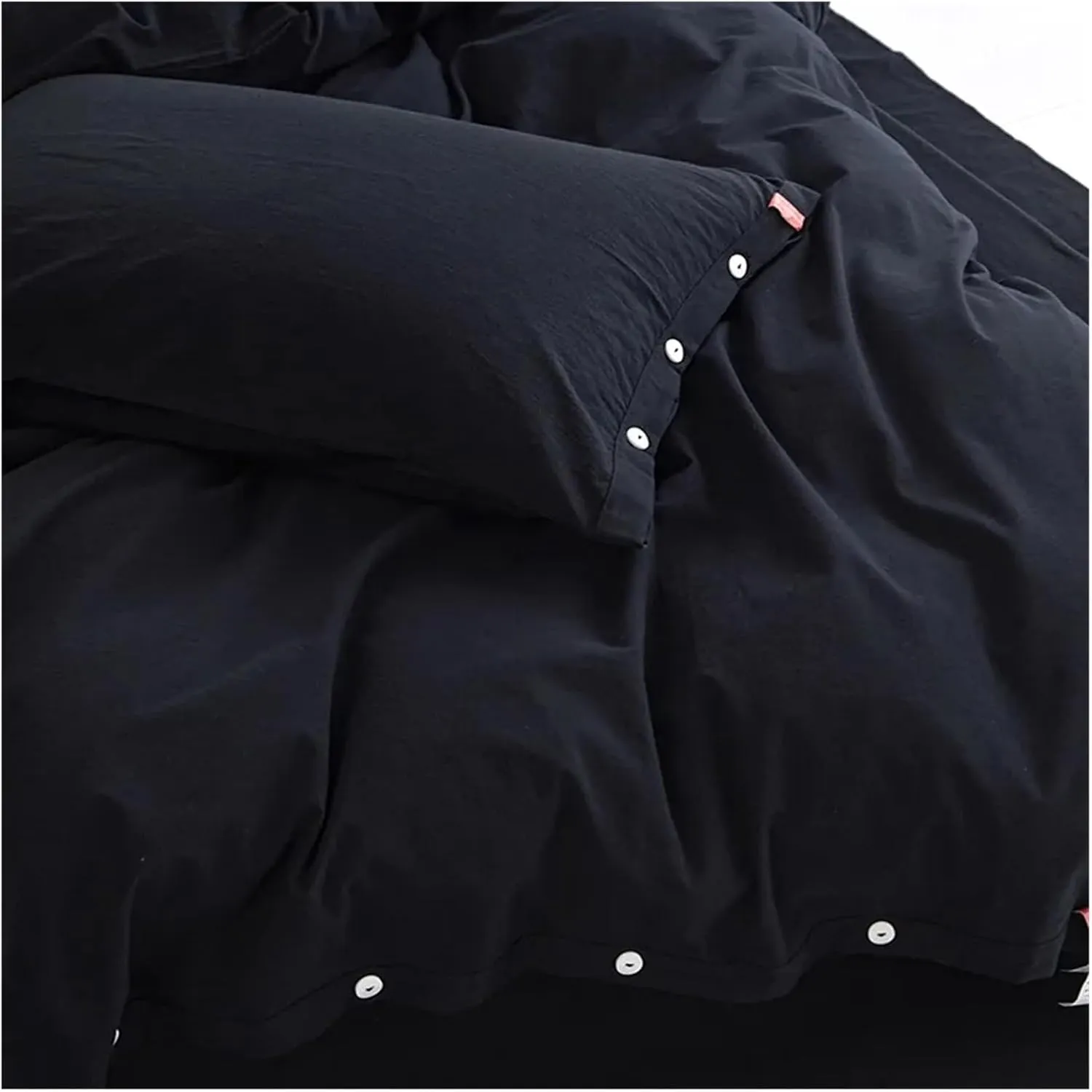 Duvet Cover Sets, 100% Washed Cotton Linen Feel Soft Comfy 4Pcs Bedding Set Solid Navy Black Button Closure Duvet Cover 1 Bed Sheet 2 Pillow Shams(B,Twin 4pcs)