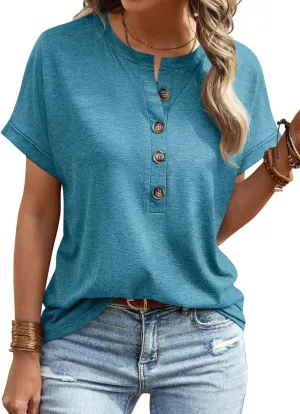 EADINVE Womens Tshirts Crew Neck Short Sleeve Summer Buttons Tops Casual Roll Sleeve Basic Tee Shirts Trendy Loose Fit