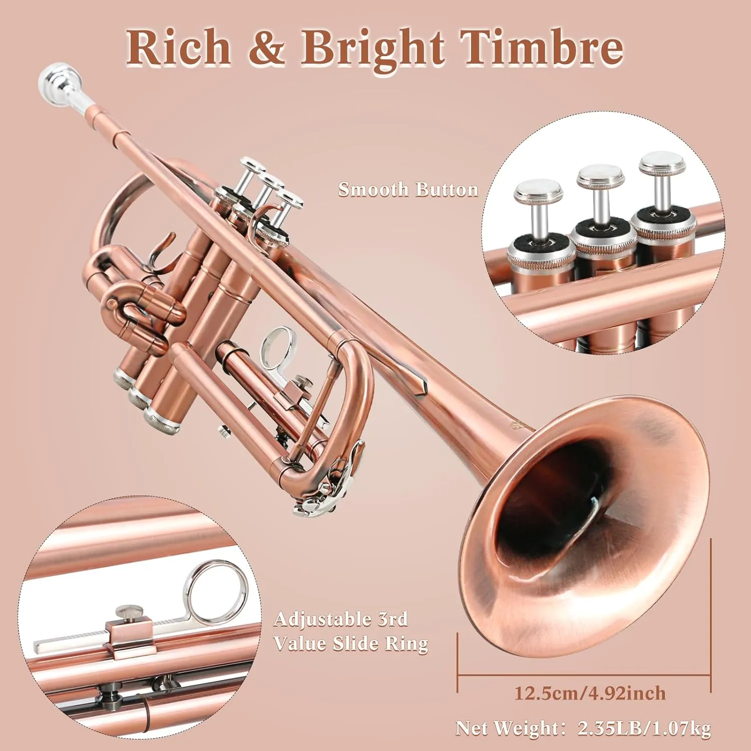 EASTROCK Bb Trumpet Standard Trumpet Set with Carrying Case,Gloves, 7C Mouthpiece, Cleaning Kit, Tuning Rod (Red Antique)