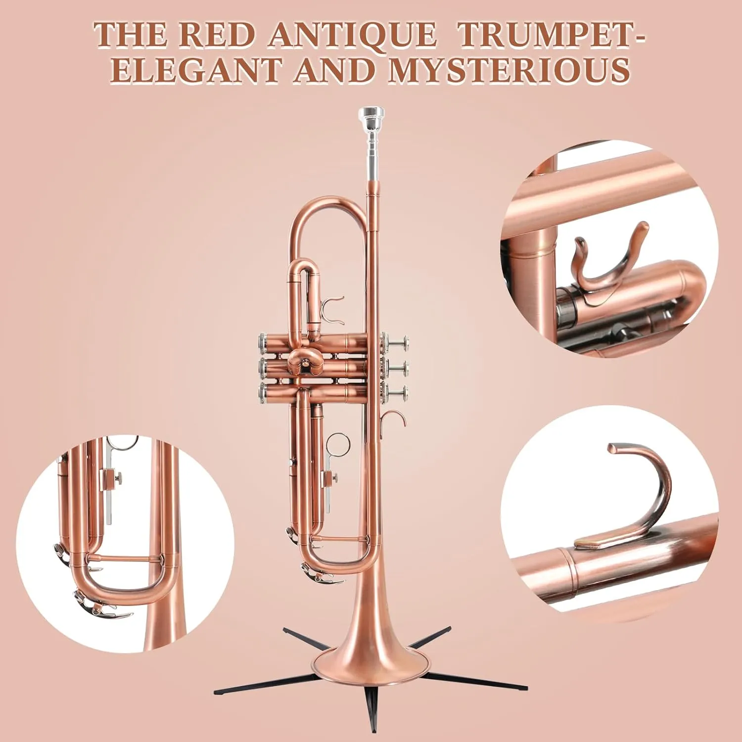 EASTROCK Bb Trumpet Standard Trumpet Set with Carrying Case,Gloves, 7C Mouthpiece, Cleaning Kit, Tuning Rod (Red Antique)