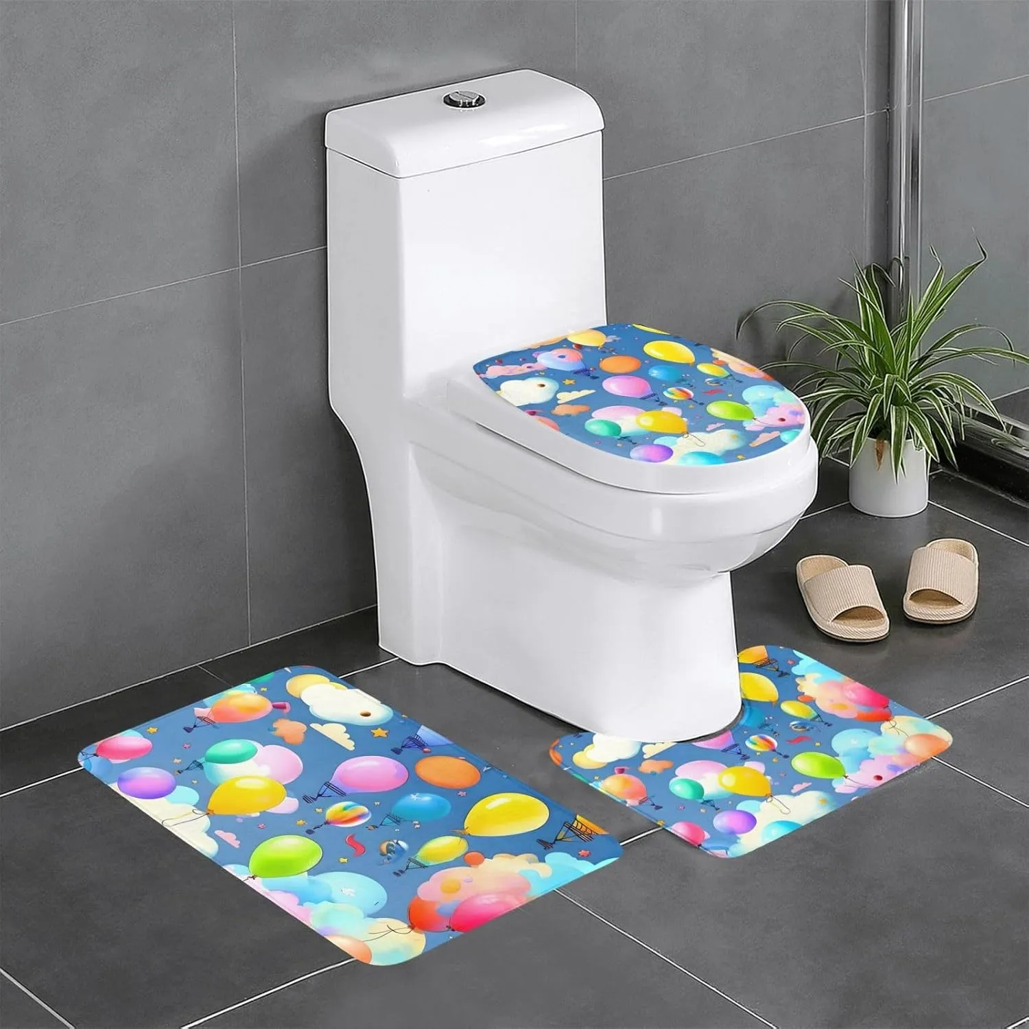 EkcoS Colorful Balloons Bathroom Rugs Set 3 Piece Microfiber Bath Shower Mat and U-Shaped Toilet Rug, Machine Wash Dry, Non Slip Absorbent Bath Rug for Tub.