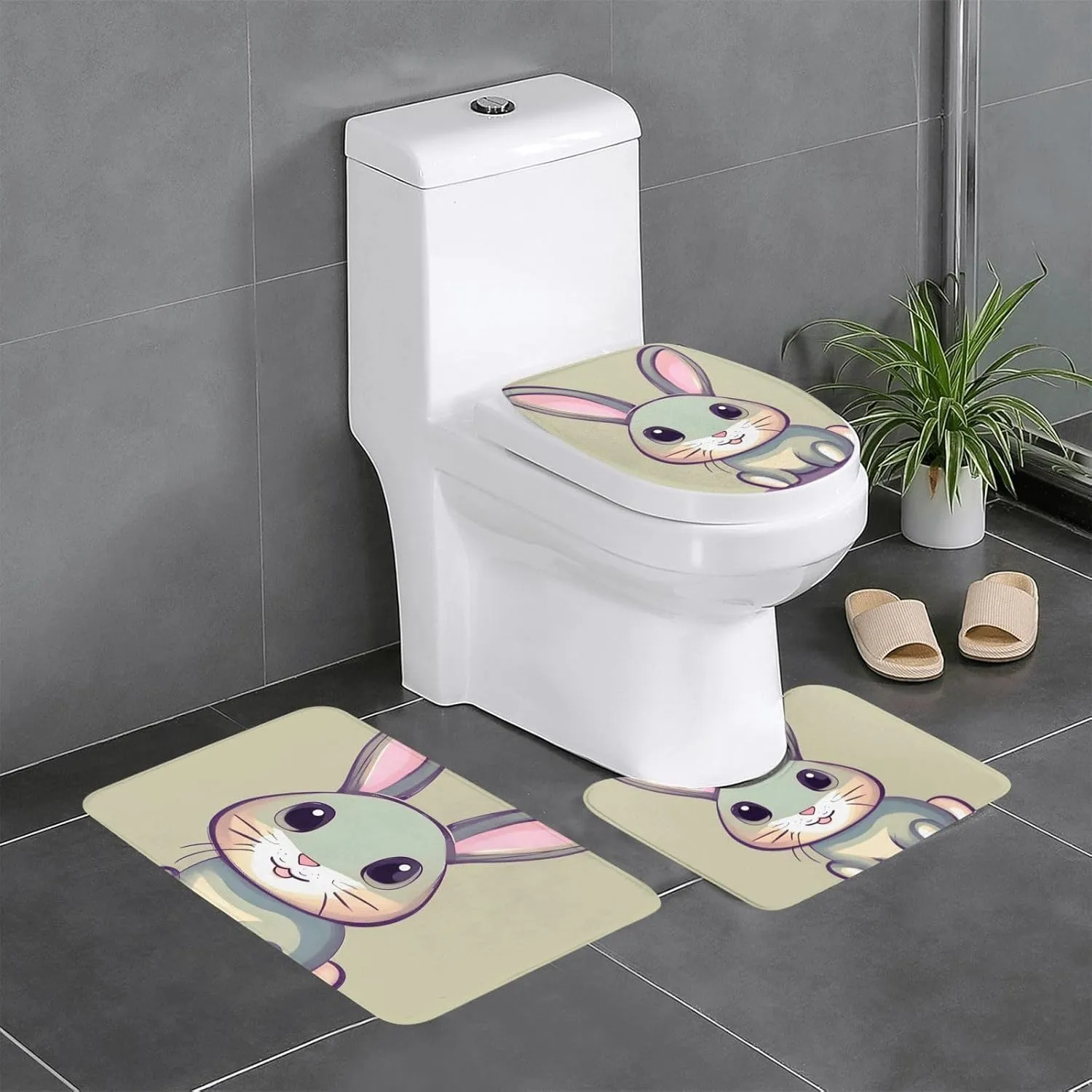 EkcoS Cute Little Bunny Bathroom Rugs Set 3 Piece Microfiber Bath Shower Mat and U-Shaped Toilet Rug, Machine Wash Dry, Non Slip Absorbent Bath Rug for Tub.