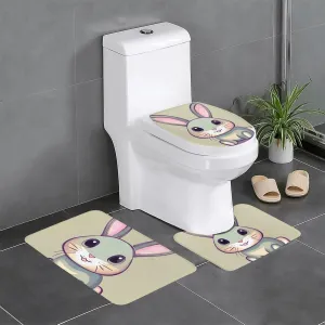 EkcoS Cute Little Bunny Bathroom Rugs Set 3 Piece Microfiber Bath Shower Mat and U-Shaped Toilet Rug, Machine Wash Dry, Non Slip Absorbent Bath Rug for Tub.