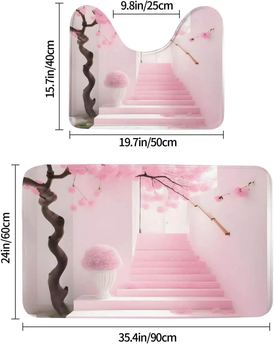 EkcoS Pink Cherry Blossom Staircase Bathroom Rugs Set 2 Piece Microfiber Bath Shower Mat and U-Shaped Toilet Rug Non Slip Absorbent Bath Rug for Tub