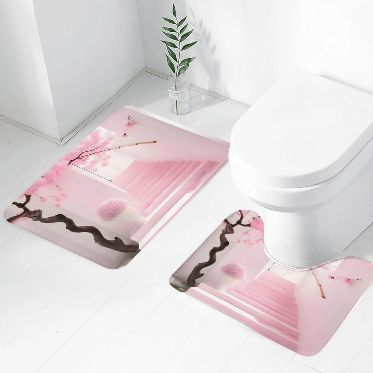 EkcoS Pink Cherry Blossom Staircase Bathroom Rugs Set 2 Piece Microfiber Bath Shower Mat and U-Shaped Toilet Rug Non Slip Absorbent Bath Rug for Tub