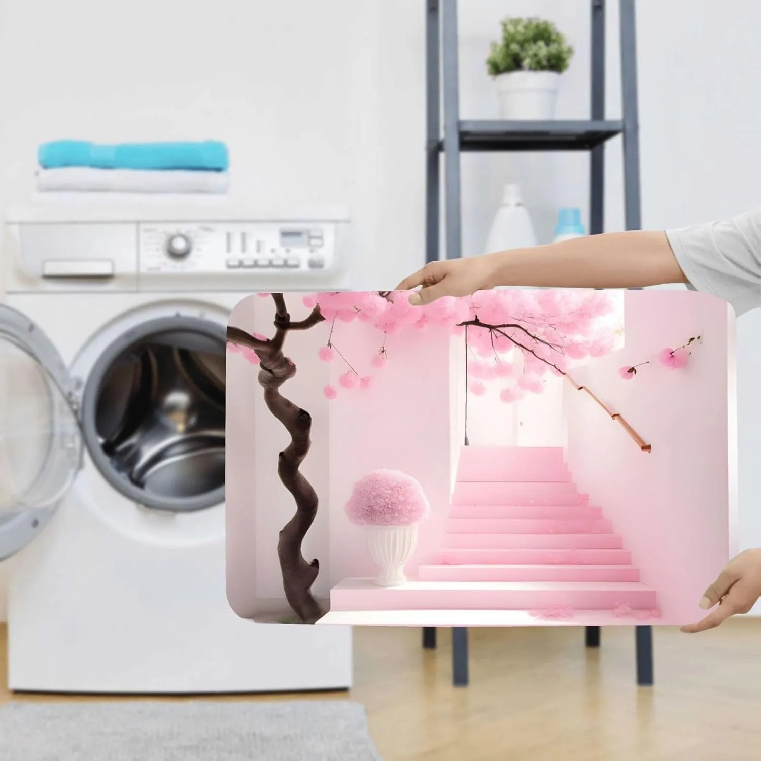 EkcoS Pink Cherry Blossom Staircase Bathroom Rugs Set 2 Piece Microfiber Bath Shower Mat and U-Shaped Toilet Rug Non Slip Absorbent Bath Rug for Tub