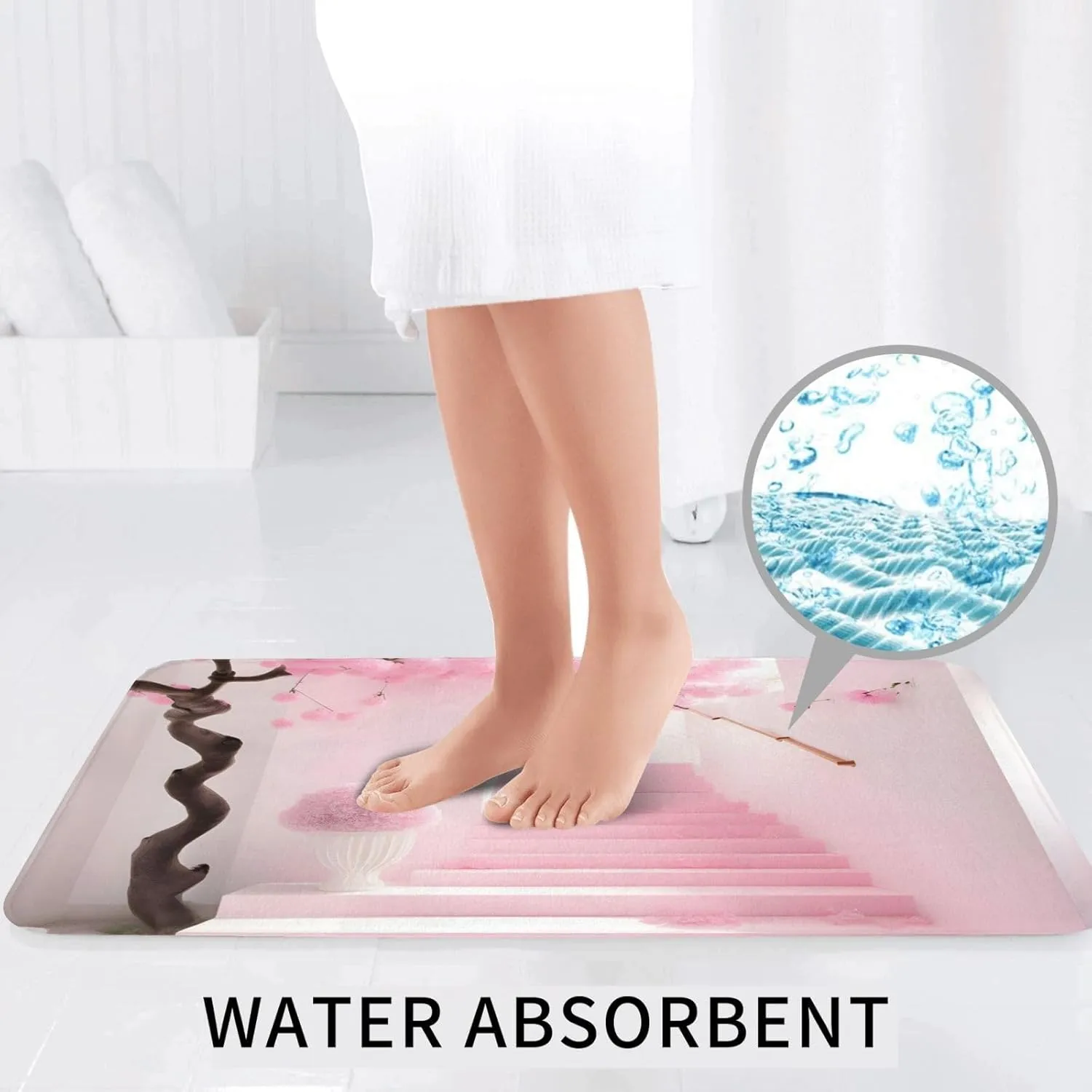 EkcoS Pink Cherry Blossom Staircase Bathroom Rugs Set 2 Piece Microfiber Bath Shower Mat and U-Shaped Toilet Rug Non Slip Absorbent Bath Rug for Tub