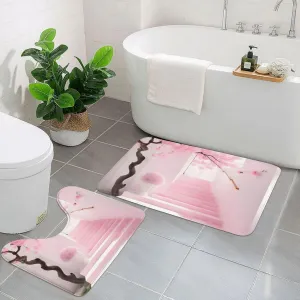 EkcoS Pink Cherry Blossom Staircase Bathroom Rugs Set 2 Piece Microfiber Bath Shower Mat and U-Shaped Toilet Rug Non Slip Absorbent Bath Rug for Tub
