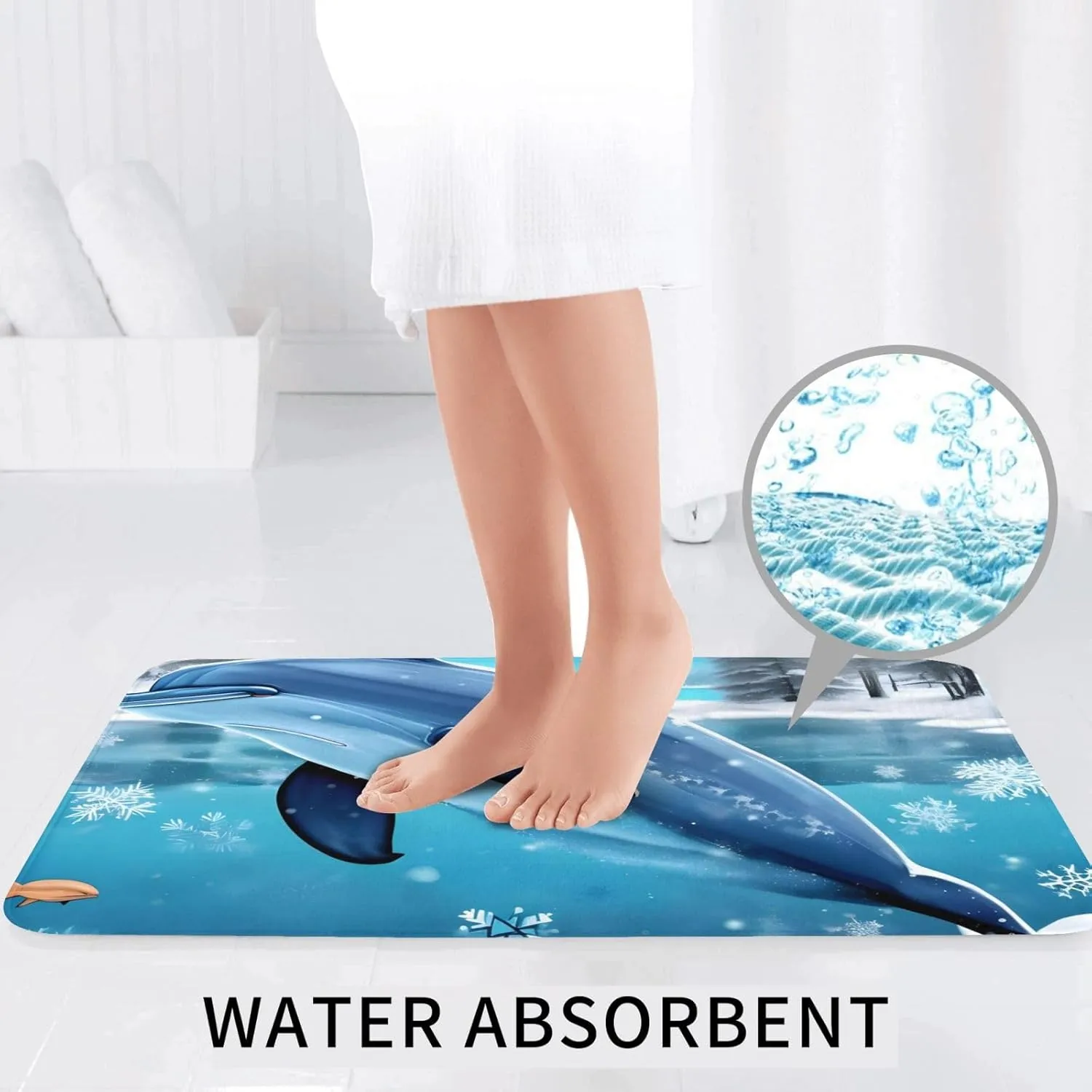 EkcoS Winter The Dolphin Bathroom Rugs Set 2 Piece Microfiber Bath Shower Mat and U-Shaped Toilet Rug Non Slip Absorbent Bath Rug for Tub