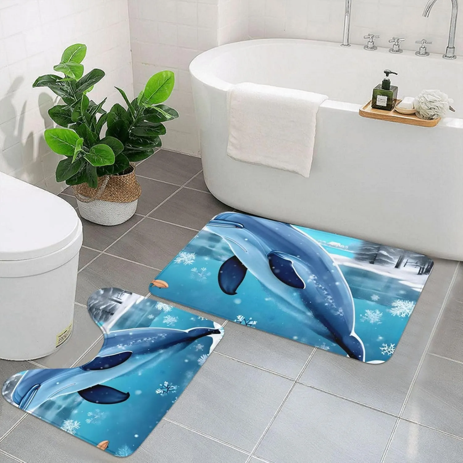 EkcoS Winter The Dolphin Bathroom Rugs Set 2 Piece Microfiber Bath Shower Mat and U-Shaped Toilet Rug Non Slip Absorbent Bath Rug for Tub