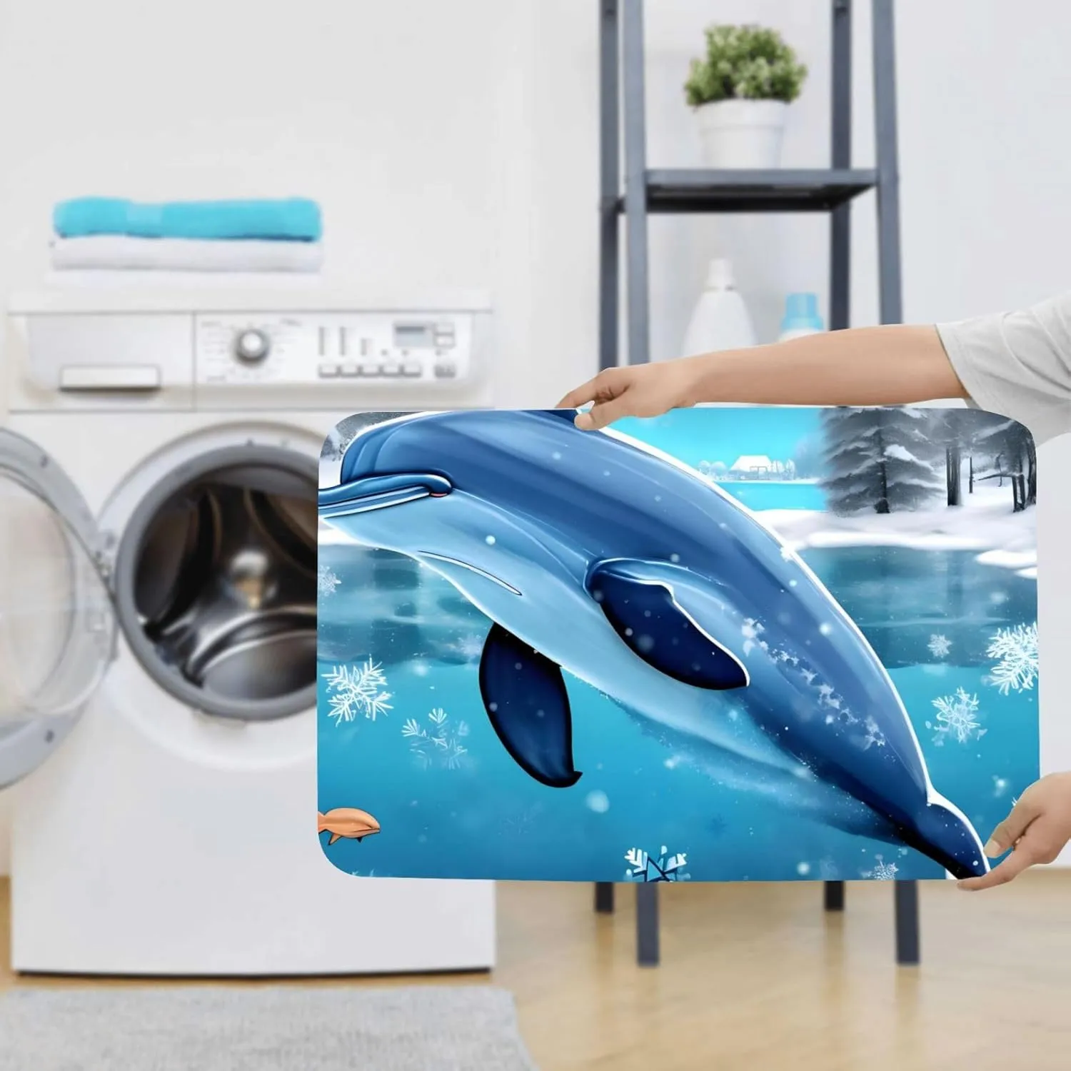 EkcoS Winter The Dolphin Bathroom Rugs Set 2 Piece Microfiber Bath Shower Mat and U-Shaped Toilet Rug Non Slip Absorbent Bath Rug for Tub