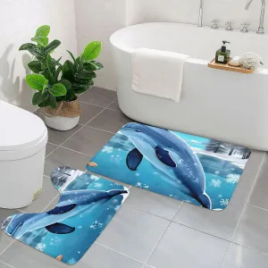 EkcoS Winter The Dolphin Bathroom Rugs Set 2 Piece Microfiber Bath Shower Mat and U-Shaped Toilet Rug Non Slip Absorbent Bath Rug for Tub