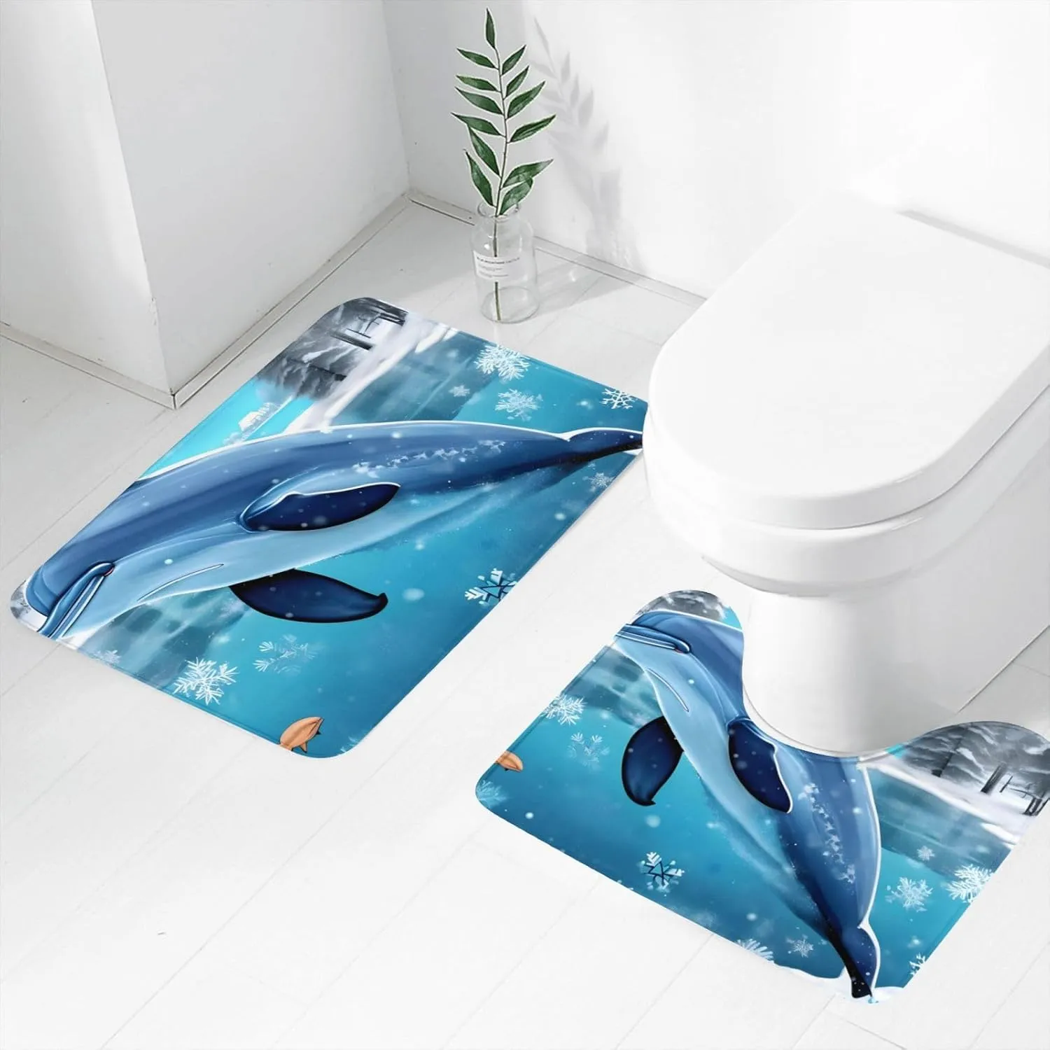 EkcoS Winter The Dolphin Bathroom Rugs Set 2 Piece Microfiber Bath Shower Mat and U-Shaped Toilet Rug Non Slip Absorbent Bath Rug for Tub