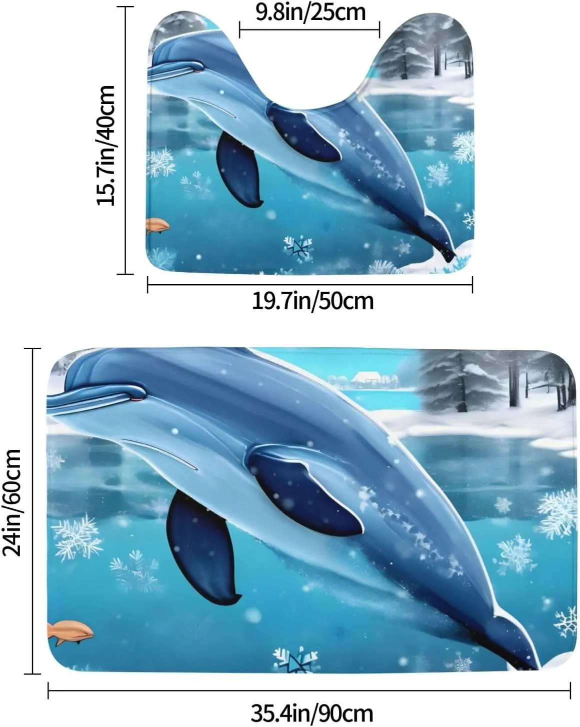 EkcoS Winter The Dolphin Bathroom Rugs Set 2 Piece Microfiber Bath Shower Mat and U-Shaped Toilet Rug Non Slip Absorbent Bath Rug for Tub