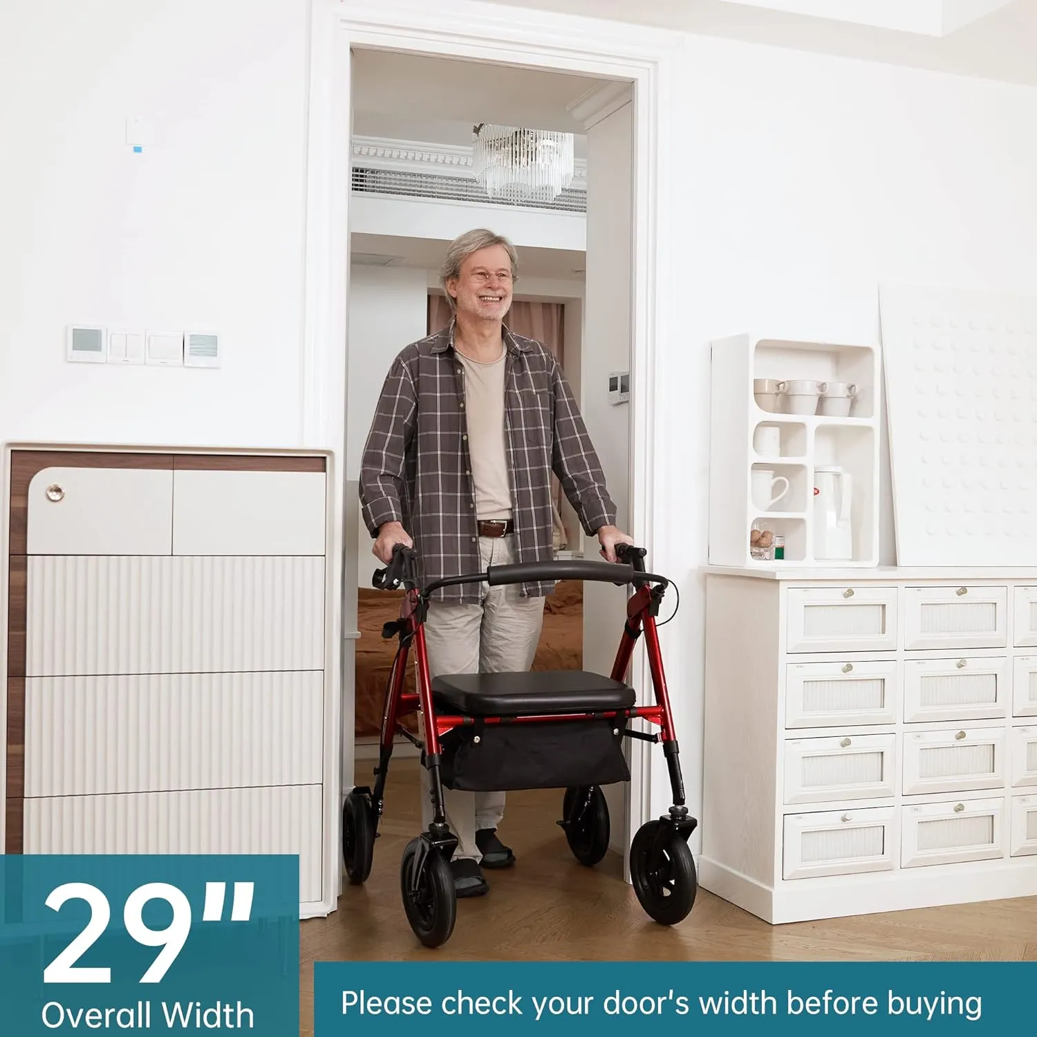 ELENKER All-Terrain Heavy Duty Rollator Walker with Wide Seat and Backrest, 10” Wheels, Supports Up to 500lbs for Seniors, Red