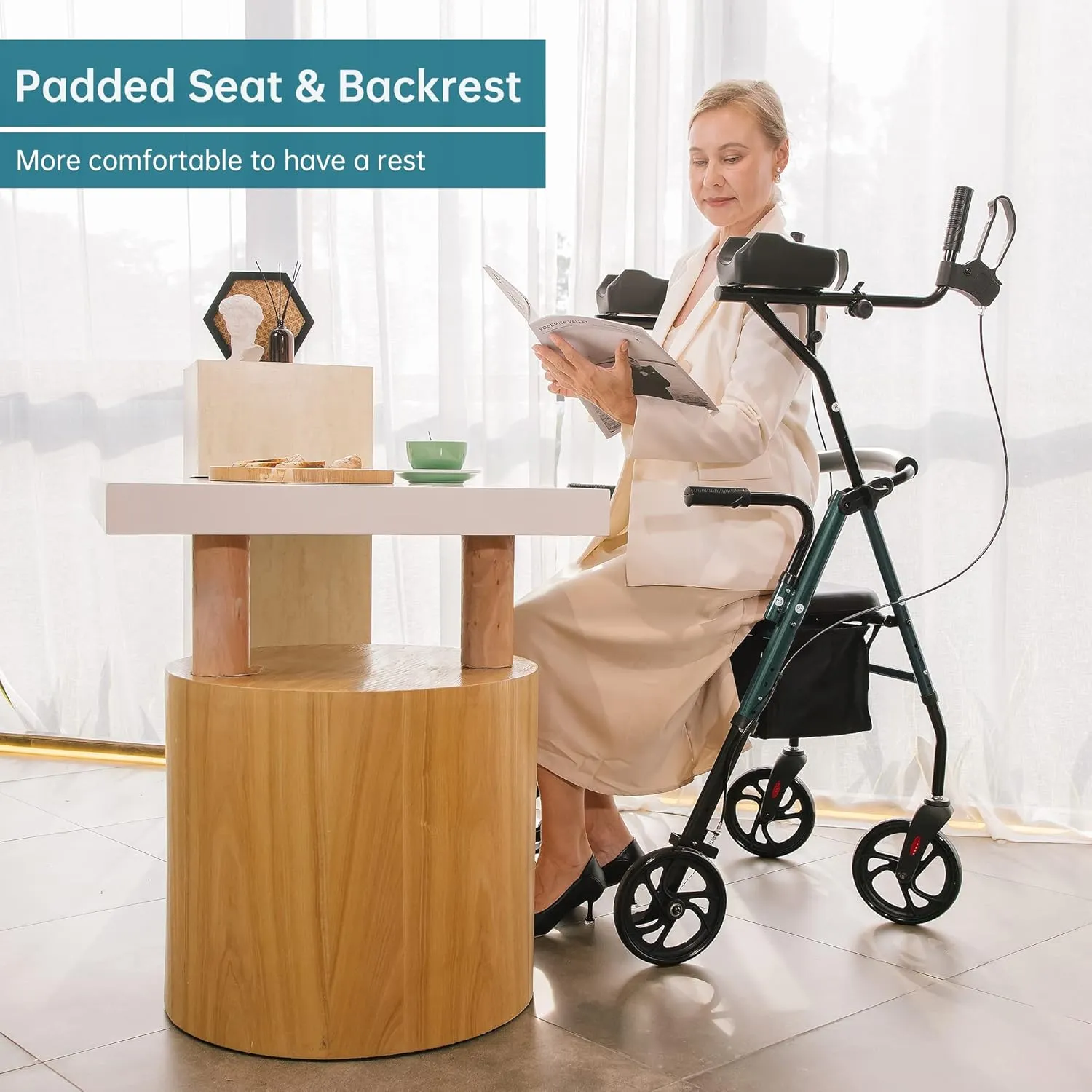 ELENKER Upright Walker, Stand Up Rollator Walker with Padded Seat and Backrest, Compact Folding, Fully Adjustment Frame for Seniors, Green
