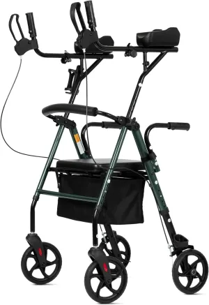 ELENKER Upright Walker, Stand Up Rollator Walker with Padded Seat and Backrest, Compact Folding, Fully Adjustment Frame for Seniors, Green