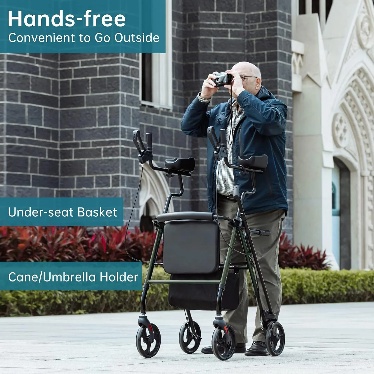 ELENKER Upright Walker, Stand Up Rollator Walker with Padded Seat and Backrest, Compact Folding, Fully Adjustment Frame for Seniors, Green