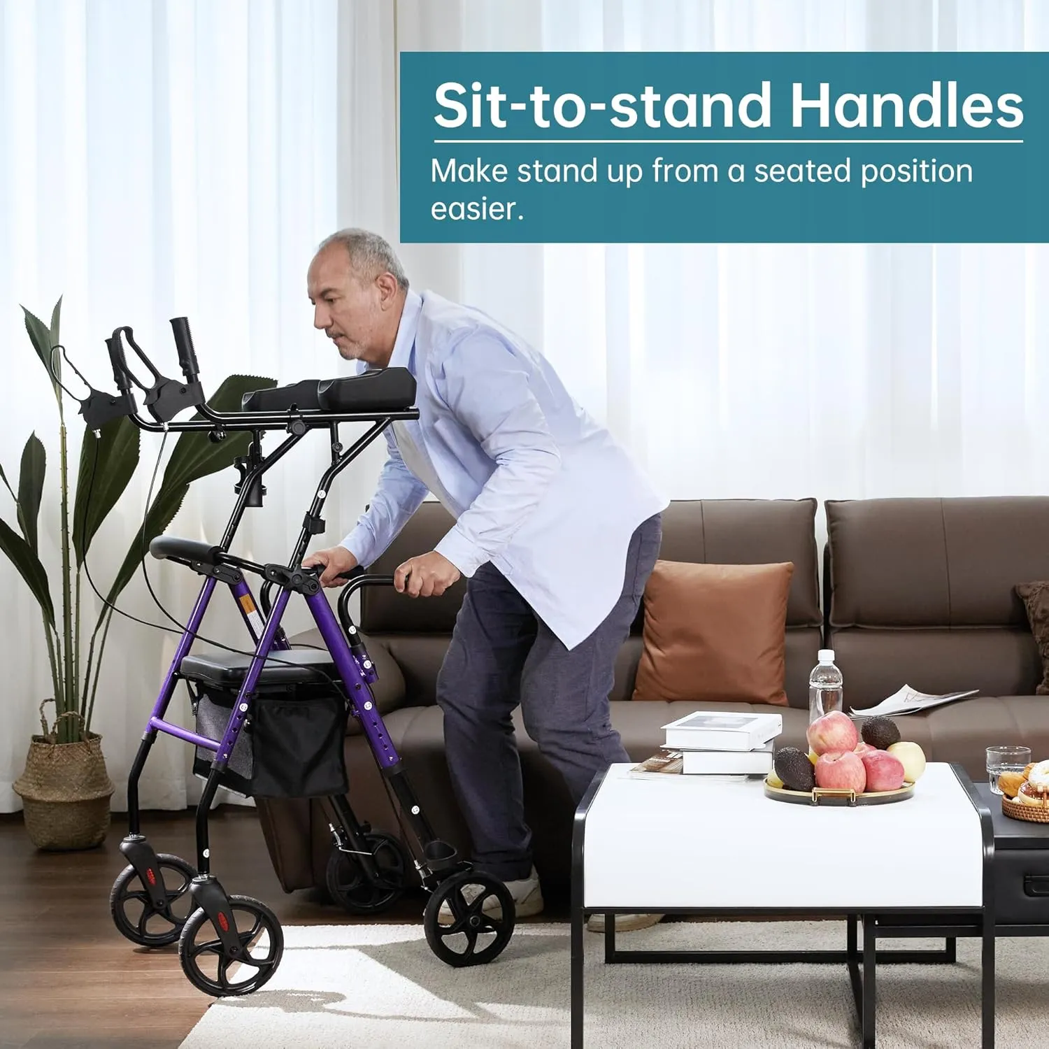 ELENKER Upright Walker, Stand Up Rollator Walker with Padded Seat and Backrest, Compact Folding, Fully Adjustment Frame for Seniors, Purple