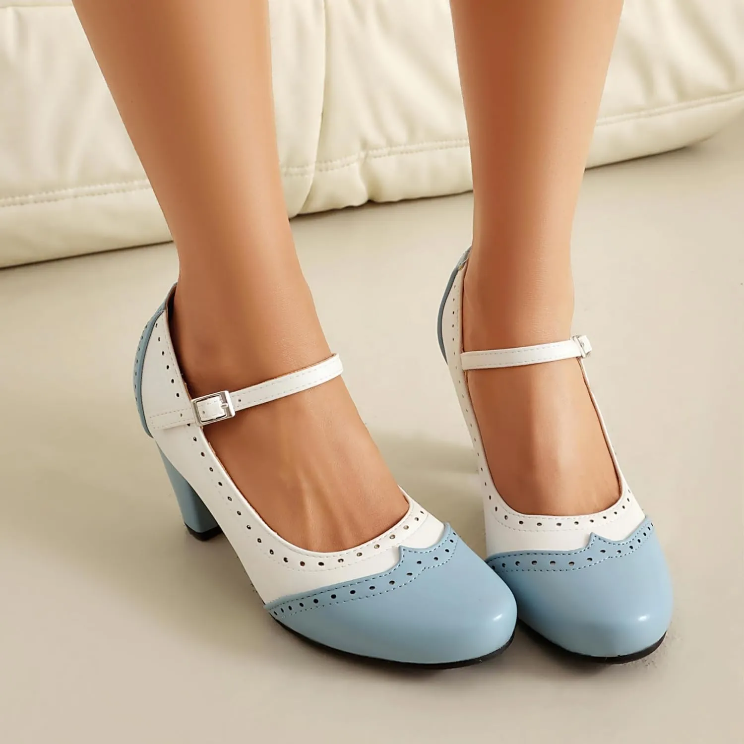 Elerhythm Women's Two Tone Mary Jane Classic and Retro 1920s Pump Heels Oxford Pattern 1950s Vintage Round Closed Toe Ankle Strap Dress Shoes