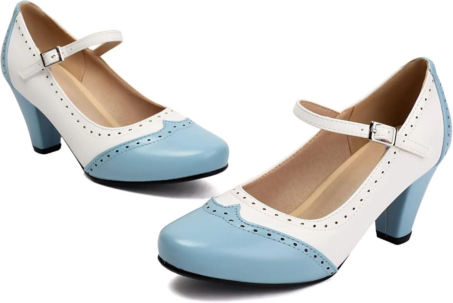 Elerhythm Women's Two Tone Mary Jane Classic and Retro 1920s Pump Heels Oxford Pattern 1950s Vintage Round Closed Toe Ankle Strap Dress Shoes