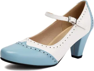 Elerhythm Women's Two Tone Mary Jane Classic and Retro 1920s Pump Heels Oxford Pattern 1950s Vintage Round Closed Toe Ankle Strap Dress Shoes