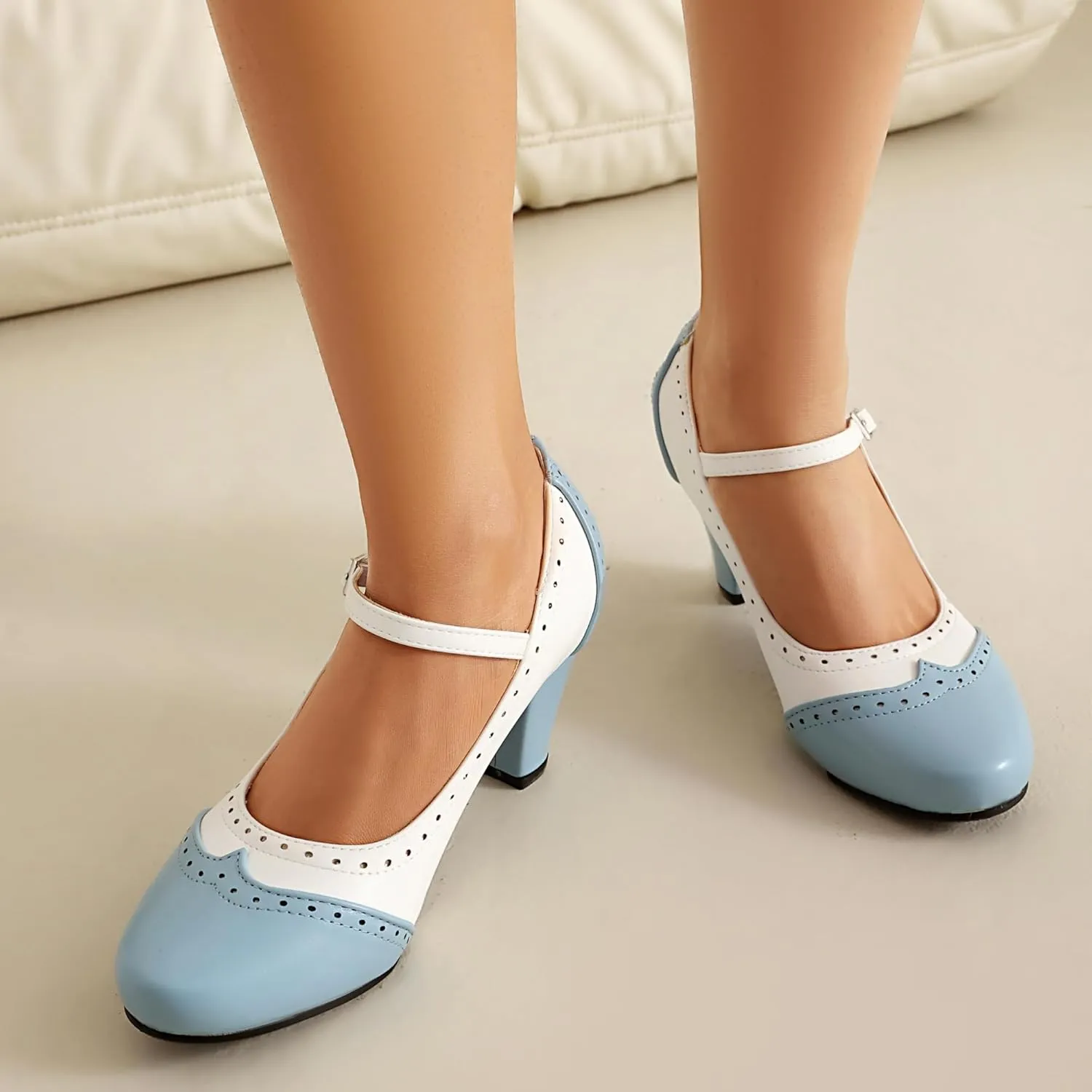 Elerhythm Women's Two Tone Mary Jane Classic and Retro 1920s Pump Heels Oxford Pattern 1950s Vintage Round Closed Toe Ankle Strap Dress Shoes
