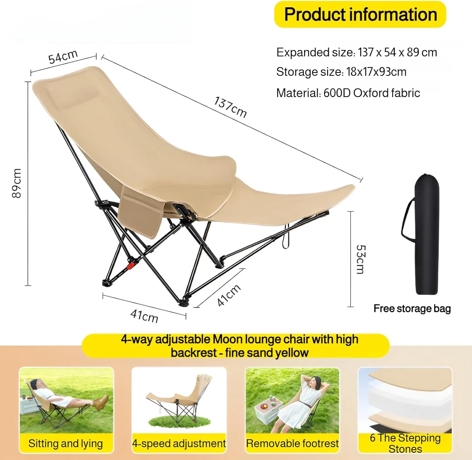 Ellniges]【-Day Comfort Folding Chair Outdoor Reclining Lounge Chair with 4-Position Backrest & Detachable Footrest - Spacious 27" Wide for Camping, Stargazing, Backyard - Premium 600D Oxford Fabric
