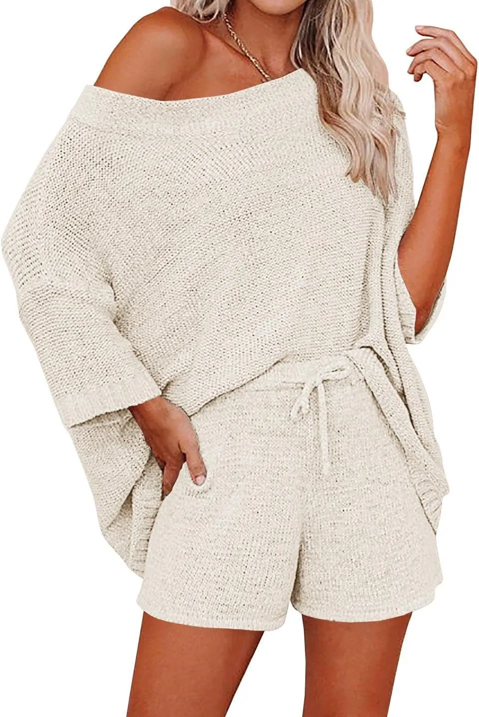 Ermonn Womens 2 Piece Outfits Sweater Sets Off Shoulder Knit Tops Waist Short Suits Casual Pajama Set