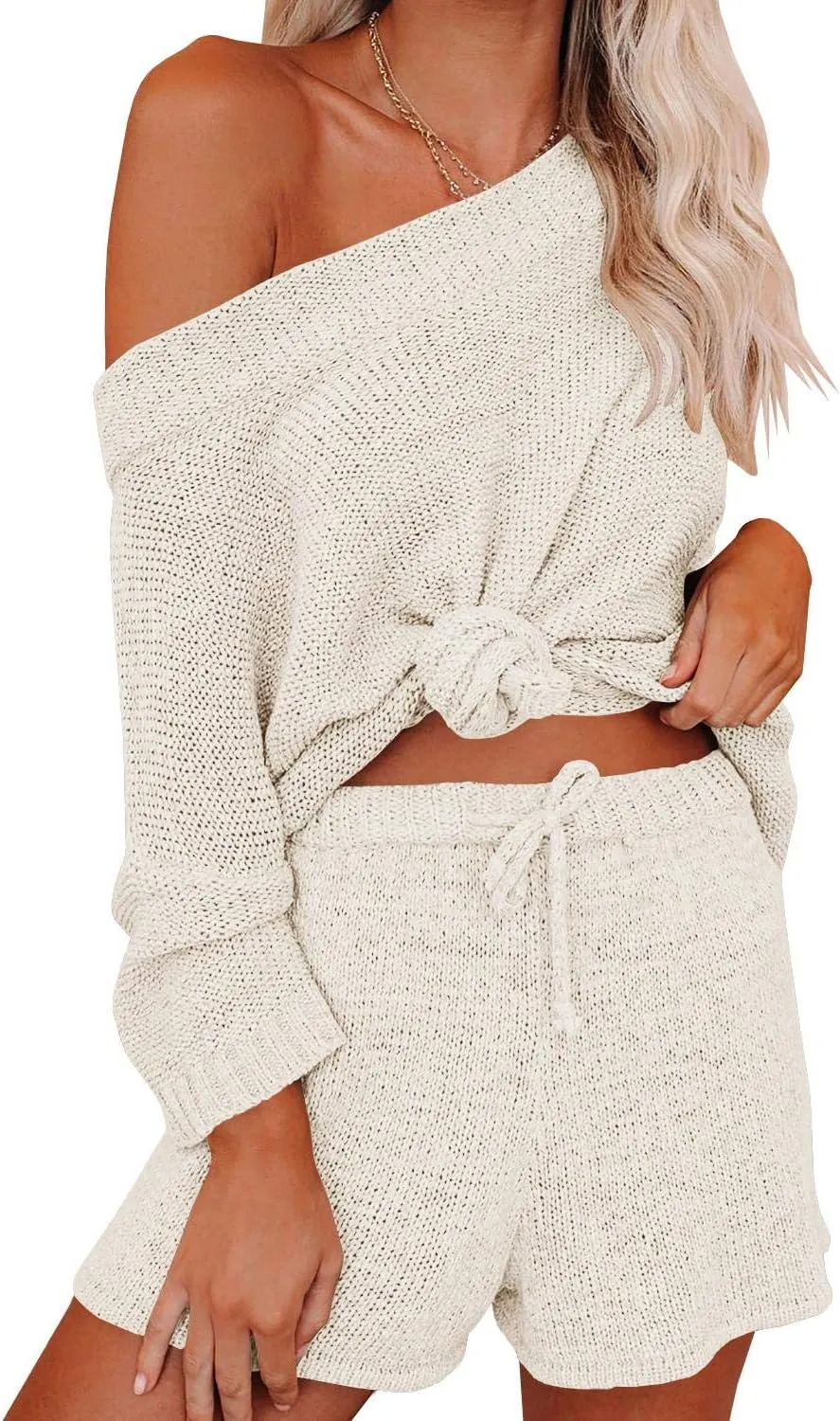 Ermonn Womens 2 Piece Outfits Sweater Sets Off Shoulder Knit Tops Waist Short Suits Casual Pajama Set