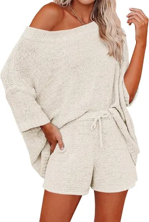 Ermonn Womens 2 Piece Outfits Sweater Sets Off Shoulder Knit Tops Waist Short Suits Casual Pajama Set
