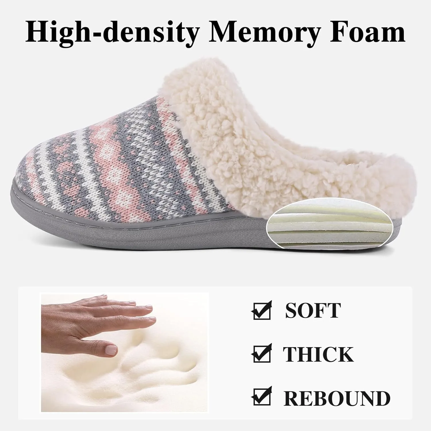 Evshine Warm Knit House Slippers for Women Comfy Fleece Lined Winter Slippers with Memory Foam and Indoor Outdoor Soles