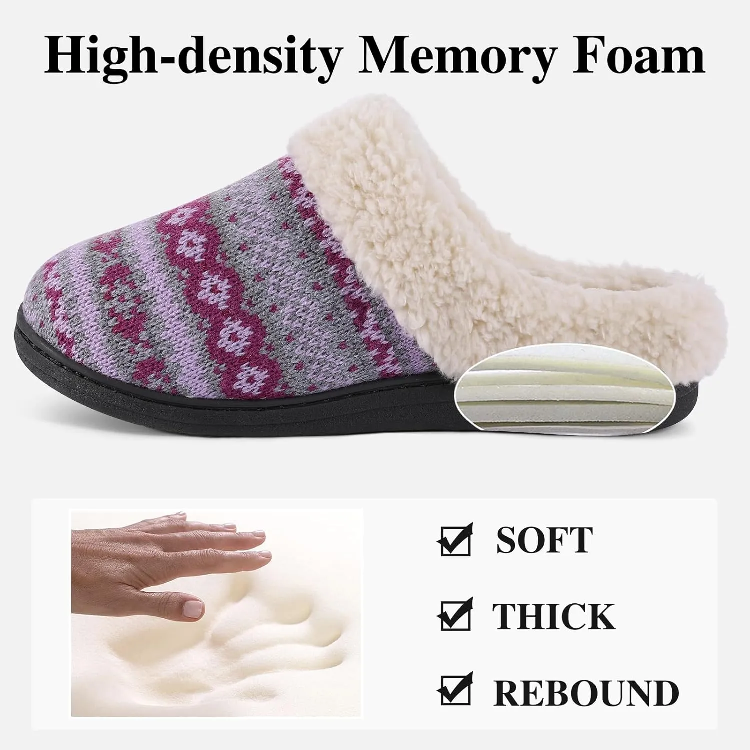 Evshine Warm Knit House Slippers for Women Comfy Fleece Lined Winter Slippers with Memory Foam and Indoor Outdoor Soles