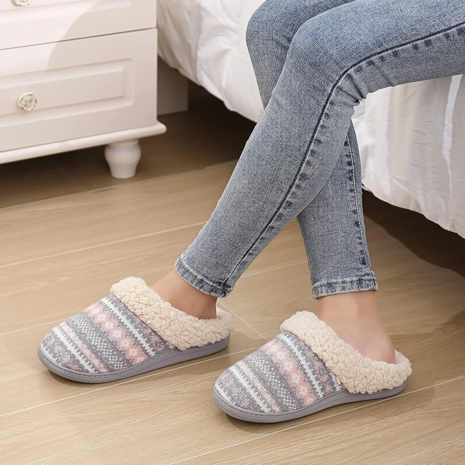 Evshine Warm Knit House Slippers for Women Comfy Fleece Lined Winter Slippers with Memory Foam and Indoor Outdoor Soles