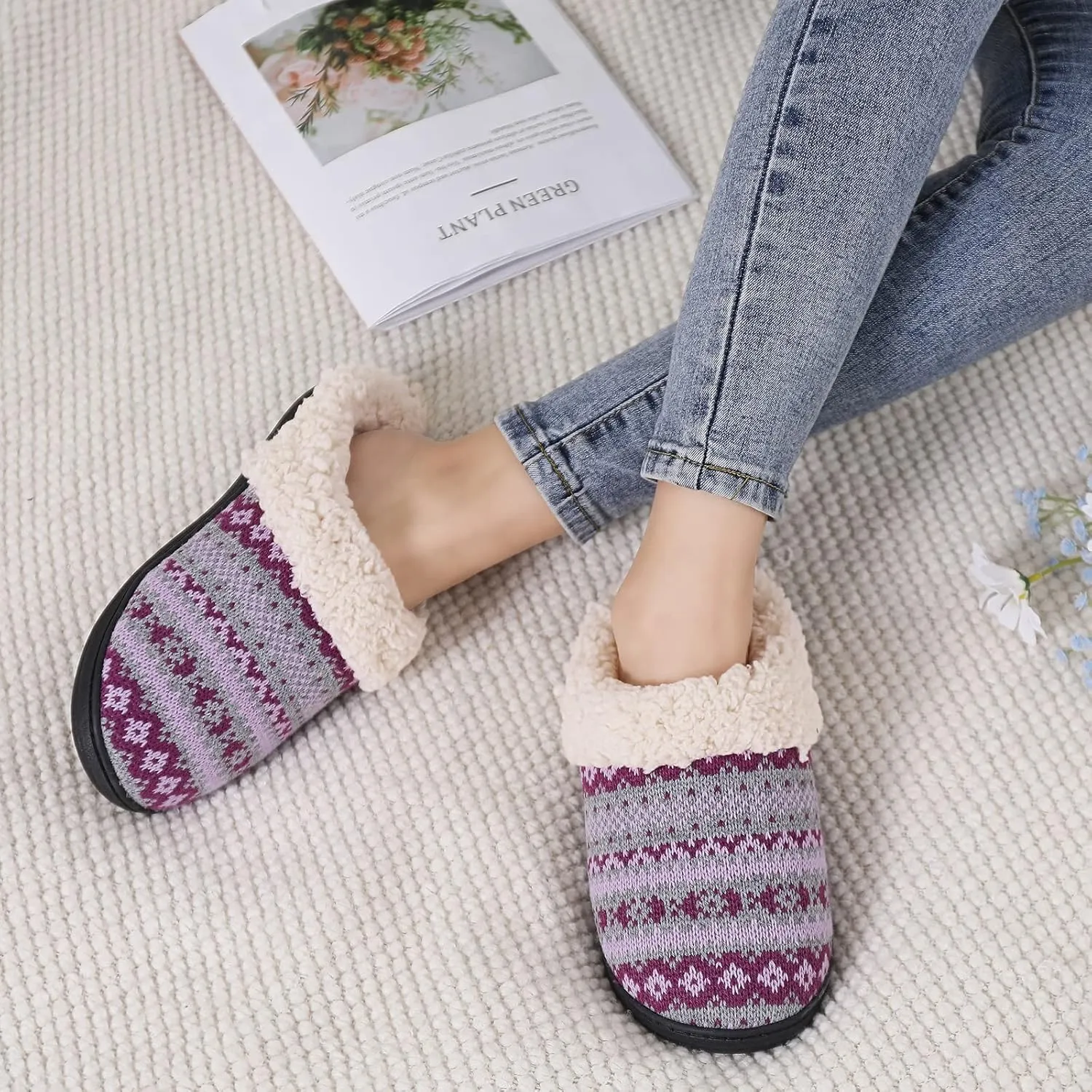 Evshine Warm Knit House Slippers for Women Comfy Fleece Lined Winter Slippers with Memory Foam and Indoor Outdoor Soles