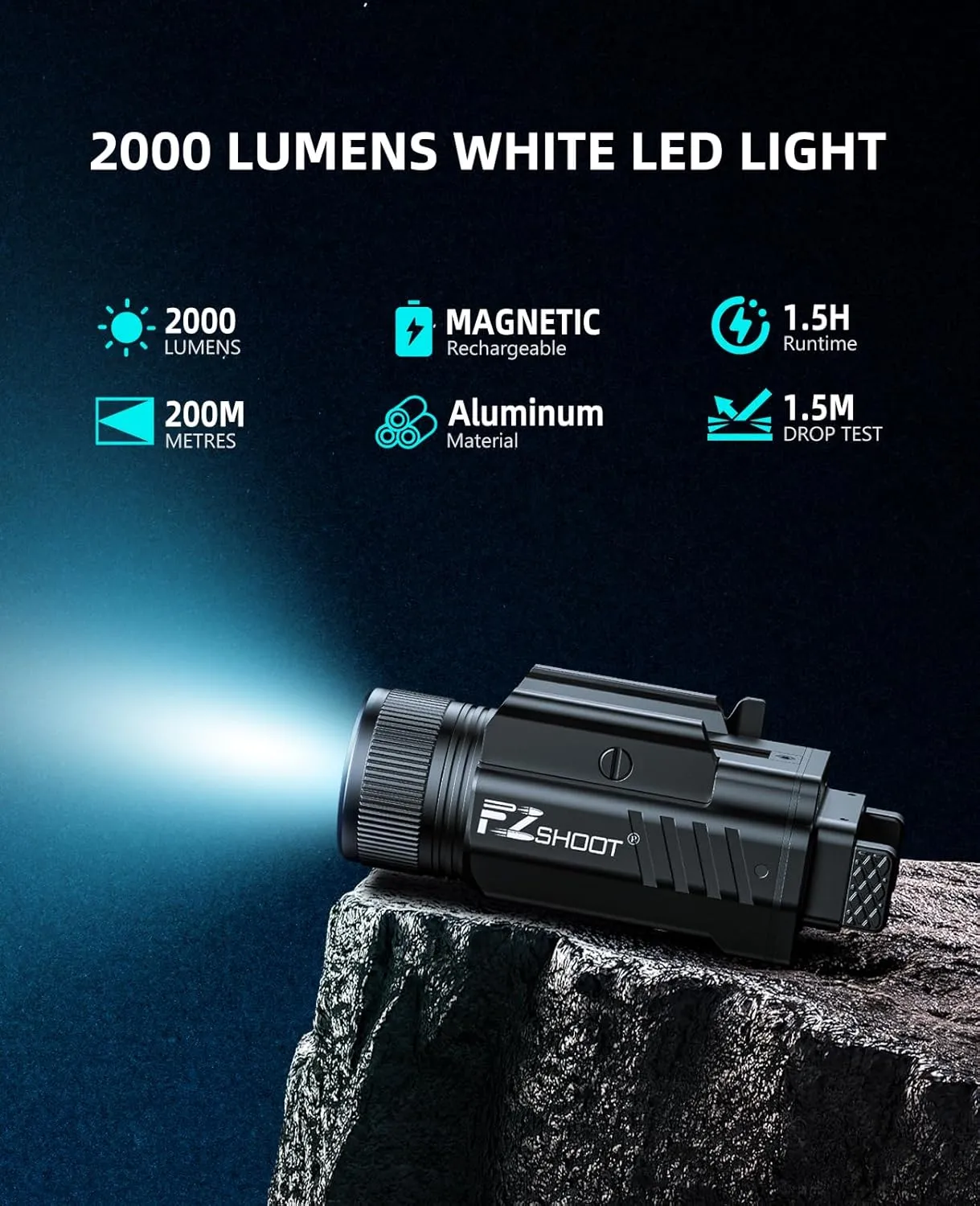 EZshoot 2000 Lumen Tactical Flashlight for Pistol, High Lumen LED Weaponlight with Quick Install Adjustable Slide Rail, Magnetic Rechargeable Strobe Flashlight for Picatinny or GL Rail