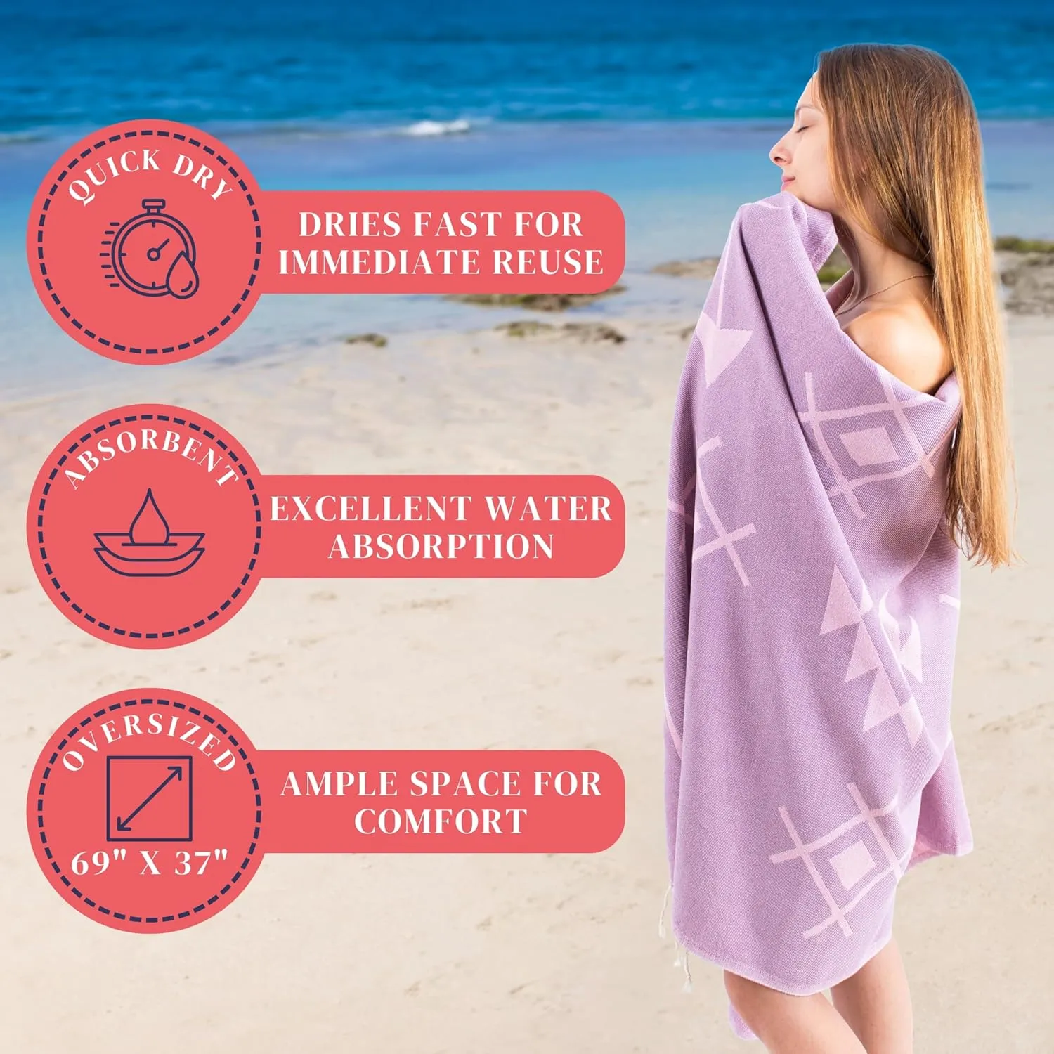 Fast Drying Packable Beach Towel Turkish Lightweight - 100% Cotton Beach Towel for Women - (69 x 37 inch) Oversized Pool Towels for Adults - Cloud, Sand Resistant, Thin - Beach Vacation Essentials