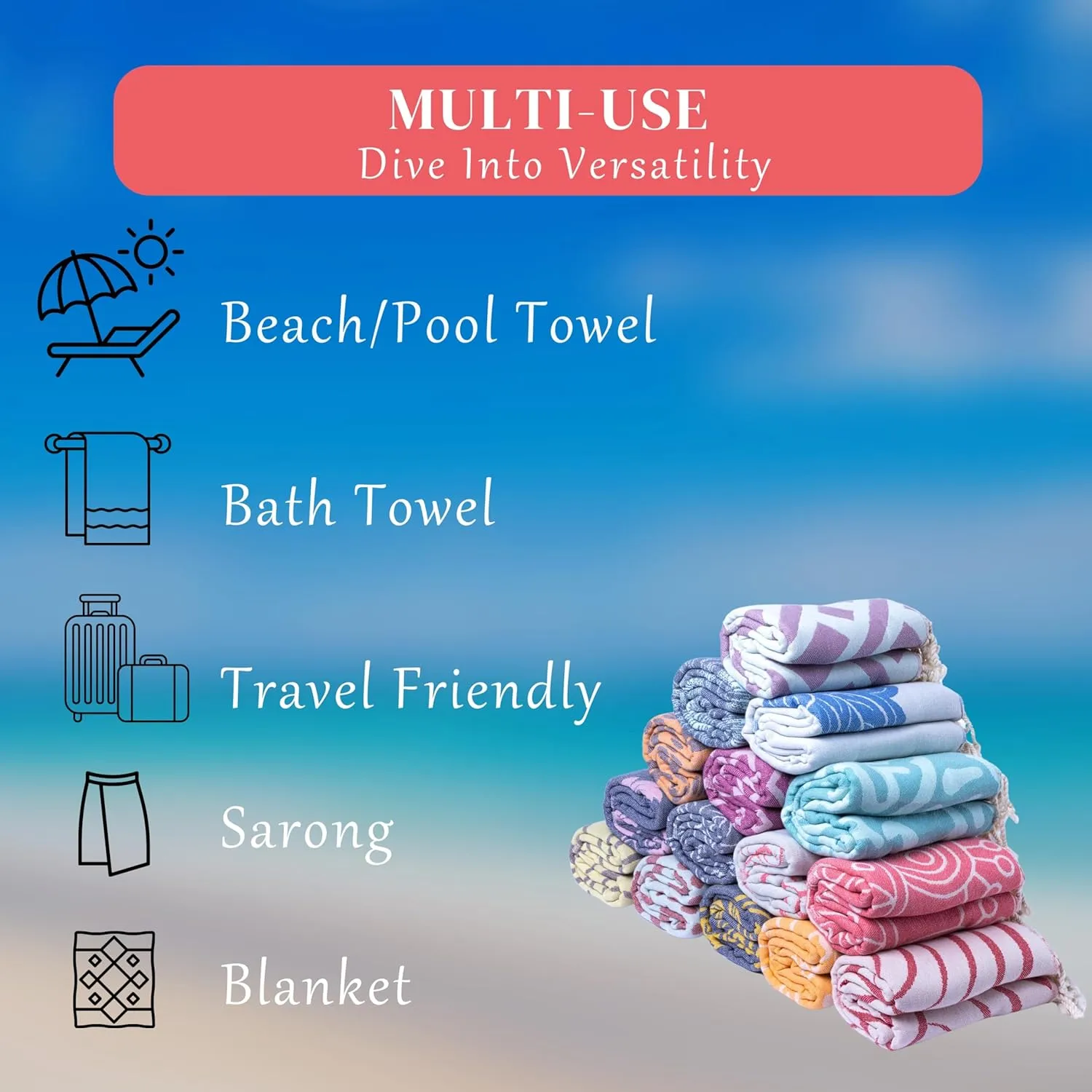 Fast Drying Packable Beach Towel Turkish Lightweight - 100% Cotton Beach Towel for Women - (69 x 37 inch) Oversized Pool Towels for Adults - Cloud, Sand Resistant, Thin - Beach Vacation Essentials