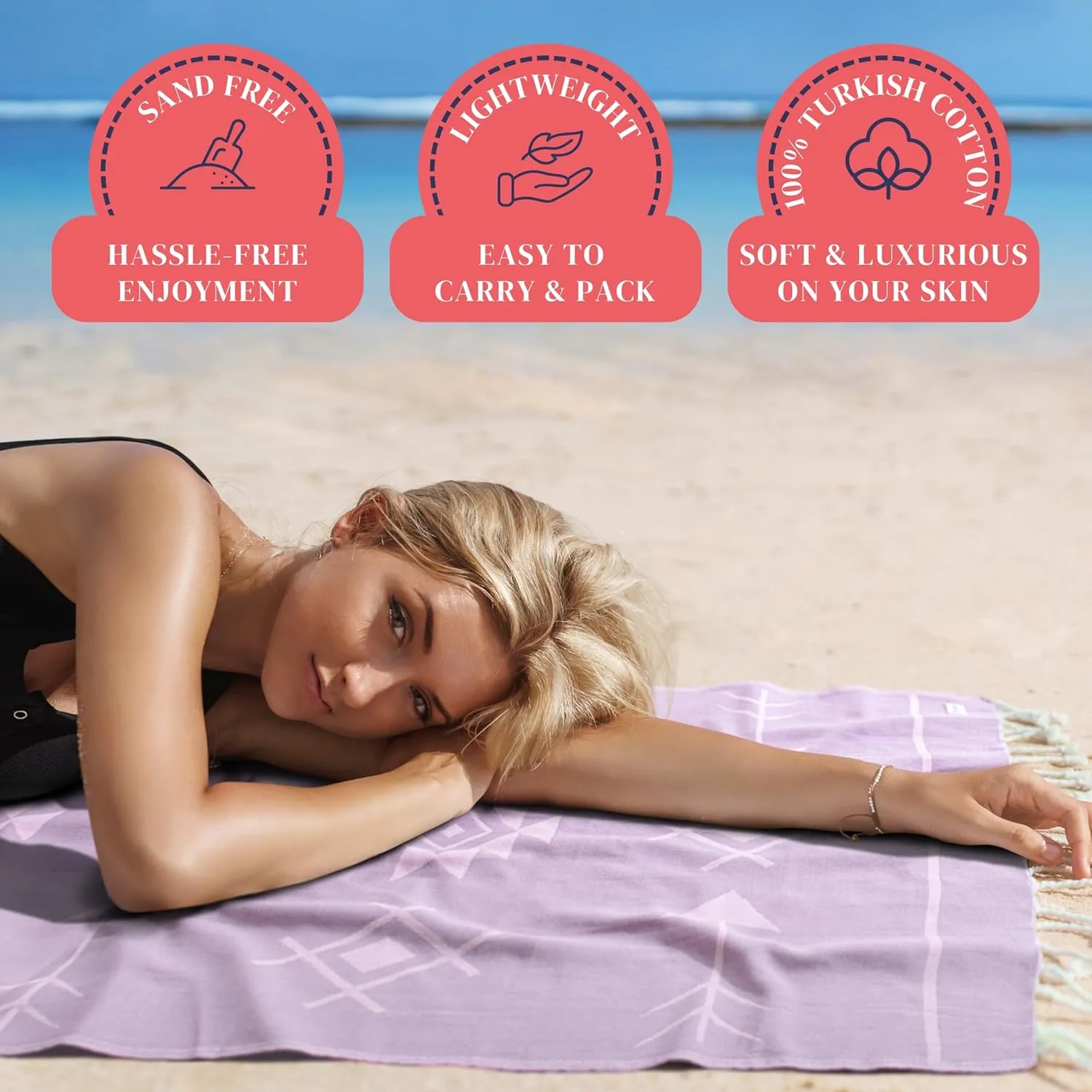 Fast Drying Packable Beach Towel Turkish Lightweight - 100% Cotton Beach Towel for Women - (69 x 37 inch) Oversized Pool Towels for Adults - Cloud, Sand Resistant, Thin - Beach Vacation Essentials