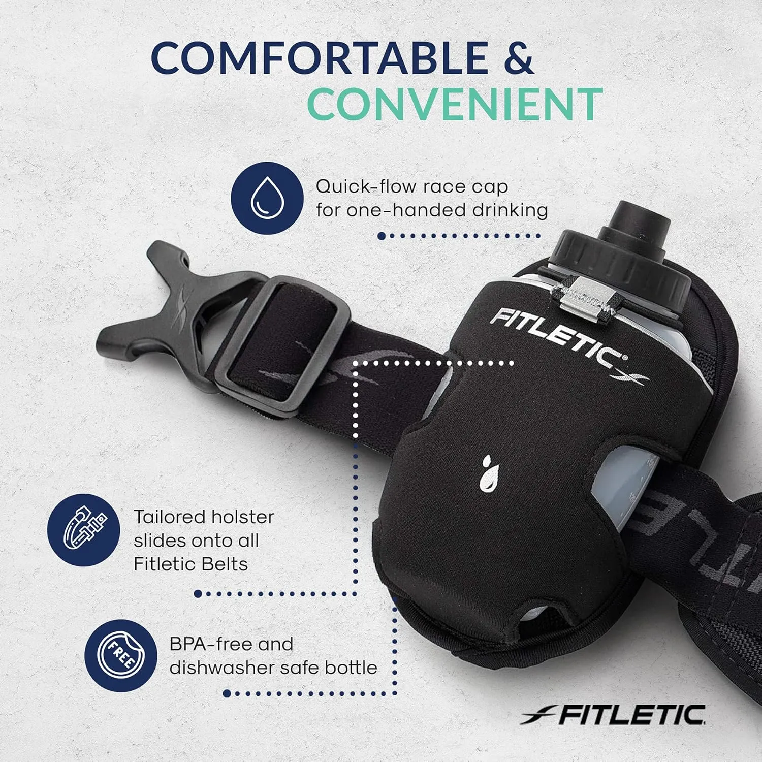 Fitletic 8-ounce Sport Water Bottle with Holster Attachable to Belts. No-Bite Cap Quick Hydration for Daily Running, Marathon, Triathlon