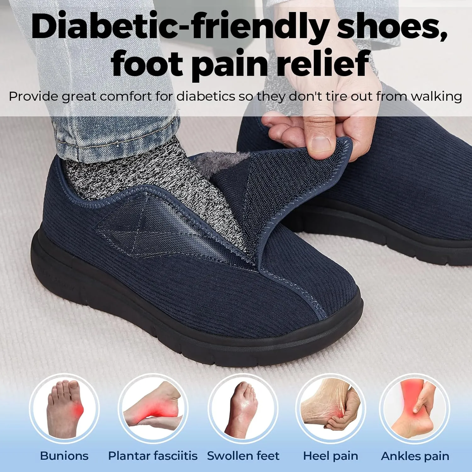 FitVille Diabetic Shoes for Men Extra Wide Width Adjustable Straps Men's Diabetic Shoes with Warm Fur Lining Diabetic Slippers for Men Extra Wide Width Foot Pain Relief Neuropathy